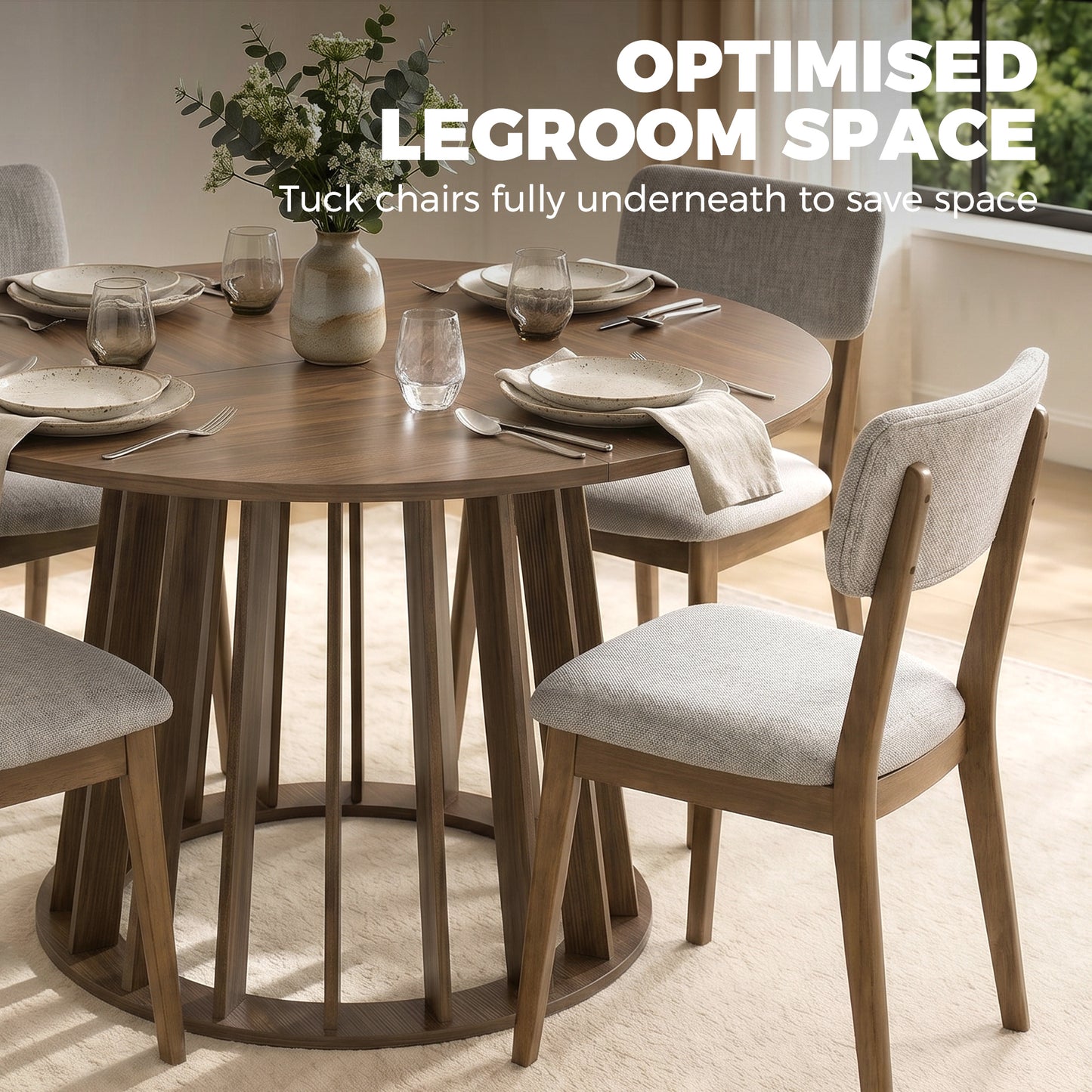 HOMCOM Round Dining Table 120 Cm for 4 To 6 People with Slatted Base Light Walnut Kitchen Table