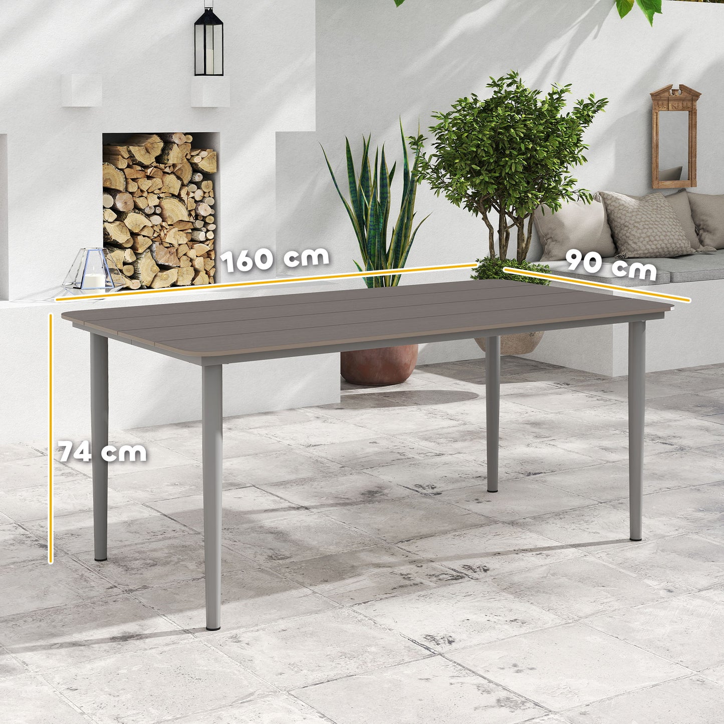 Outsunny Garden Table Outdoor Dining Table For 6 People 160 x 90 x 74 cm WPC Top Rust Resistant Metal Frame Dark Grey