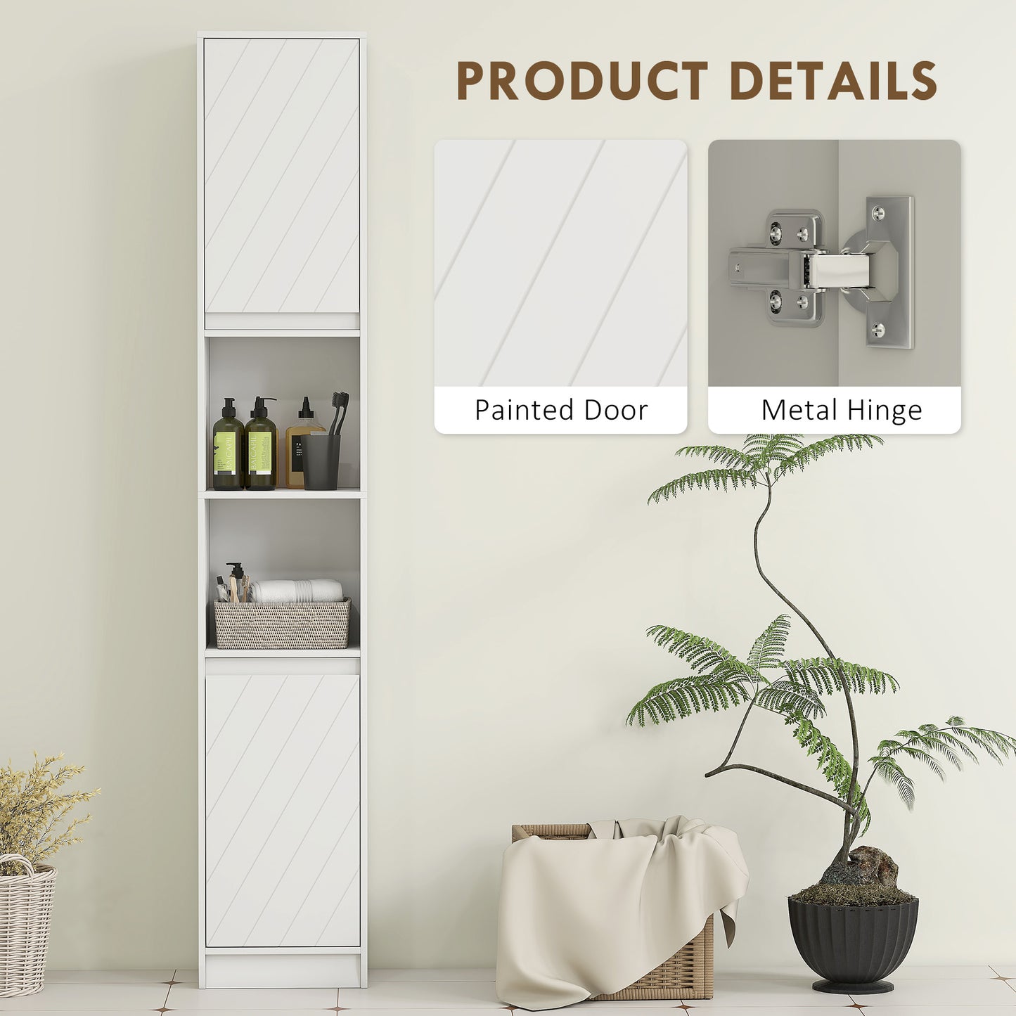 HOMCOM Narrow White Bathroom Cabinet Slim Storage Unit with Open Compartments and Adjustable Shelves 30 x 24 x 170 cm