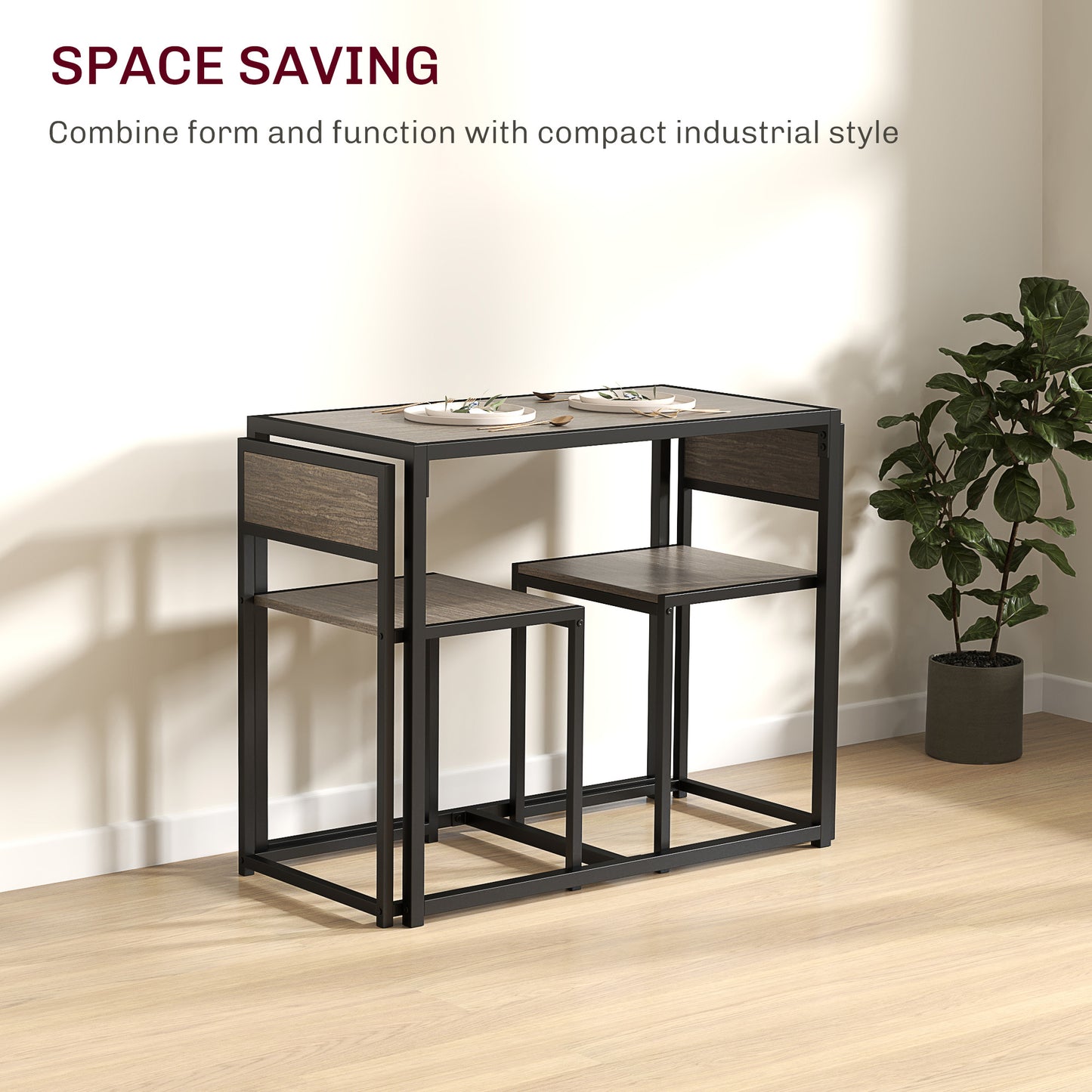 HOMCOM Dining Table And Chairs Set 2 Piece Space Saving Rectangular Table With 2 Chairs Steel Frame Grey Wood Effect