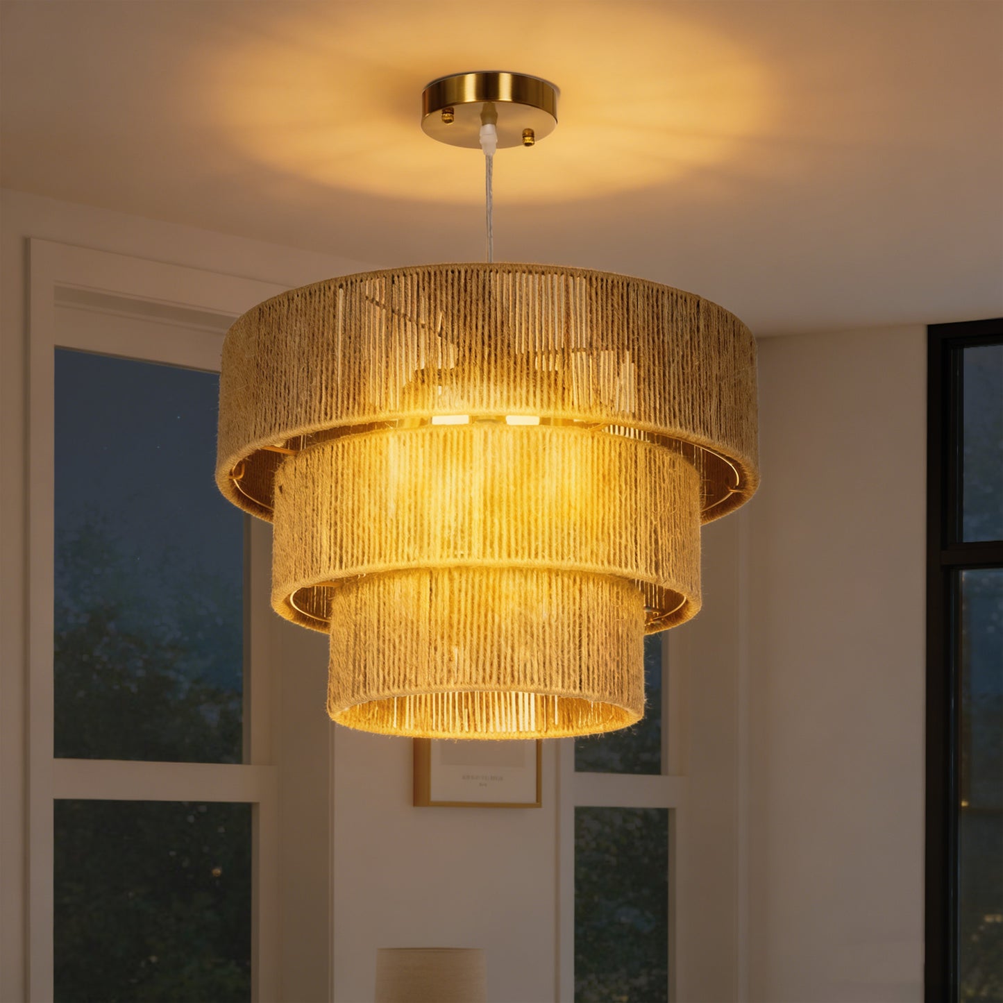 HOMCOM Hemp Rope Ceiling Light 3 Layer Boho Pendant With 4 E14 Fixtures For Living Room Bedroom Hallway Light Brown
