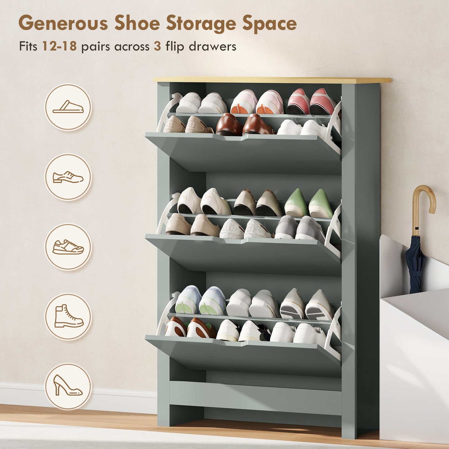 HOMCOM Slim Shoe Cabinet Narrow Cupboard With 3 Flip Drawers And Adjustable Shelves For 18 Pairs Of Shoes Light Grey