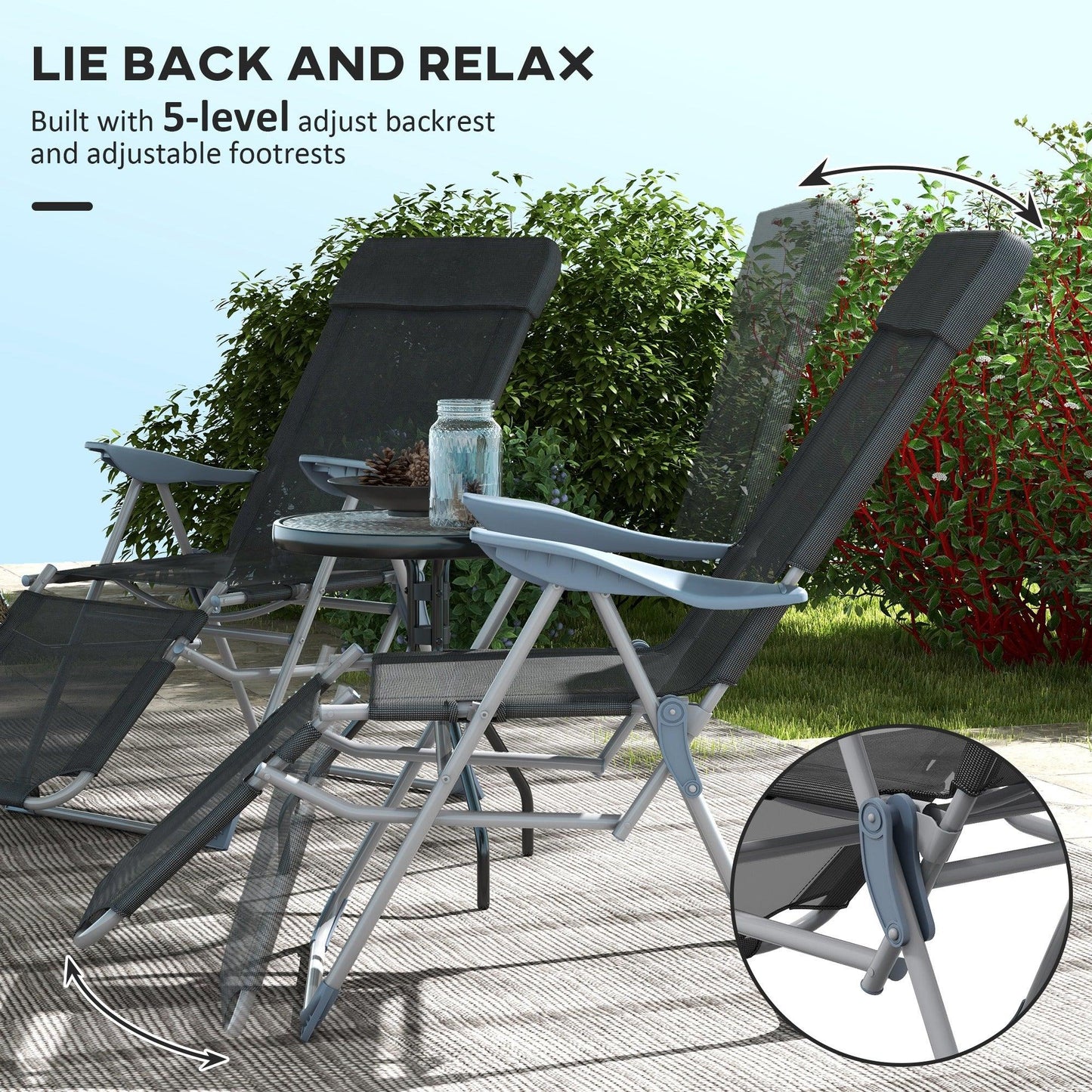 Outsunny Outdoor Sun Lounger Set of 2, Reclining Garden Chairs w/ Adjustable Footrest, 2 pcs Recliner w/ 5-level Adjustable Backrest, Headrest, Black - ALL4U RETAILER LTD