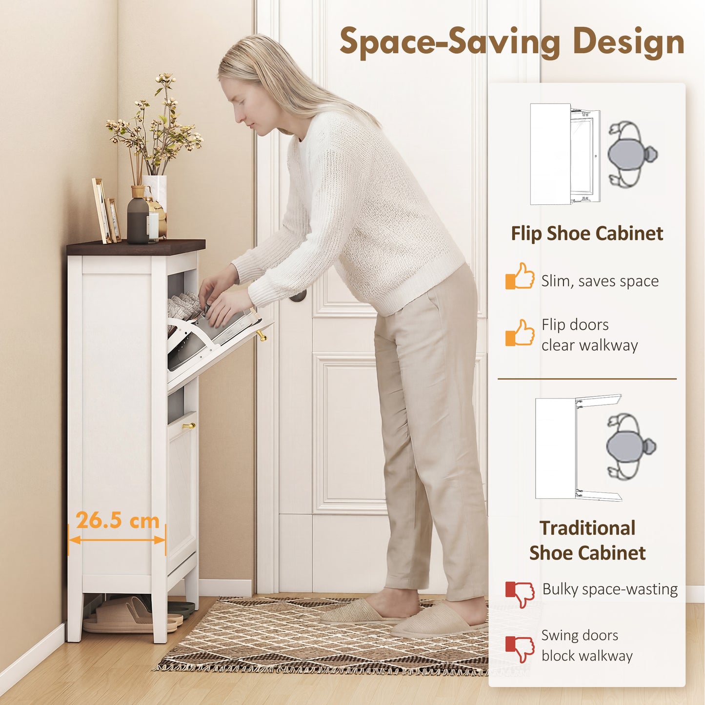 HOMCOM Narrow Farmhouse Shoe Cabinet With 2 Flip Drawers And Adjustable Shelves In White