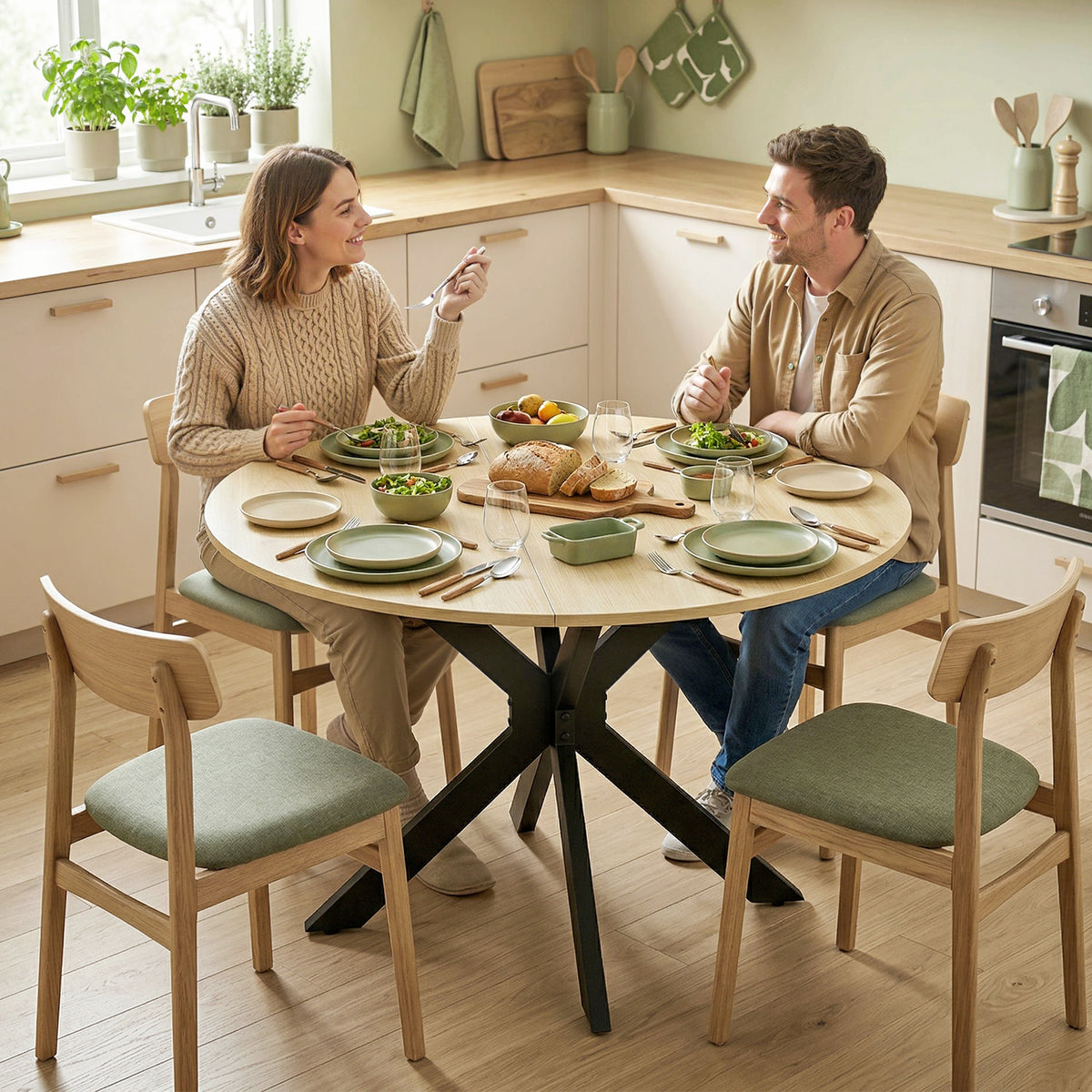 Light wood round dining table with black base and four chairs for a meal