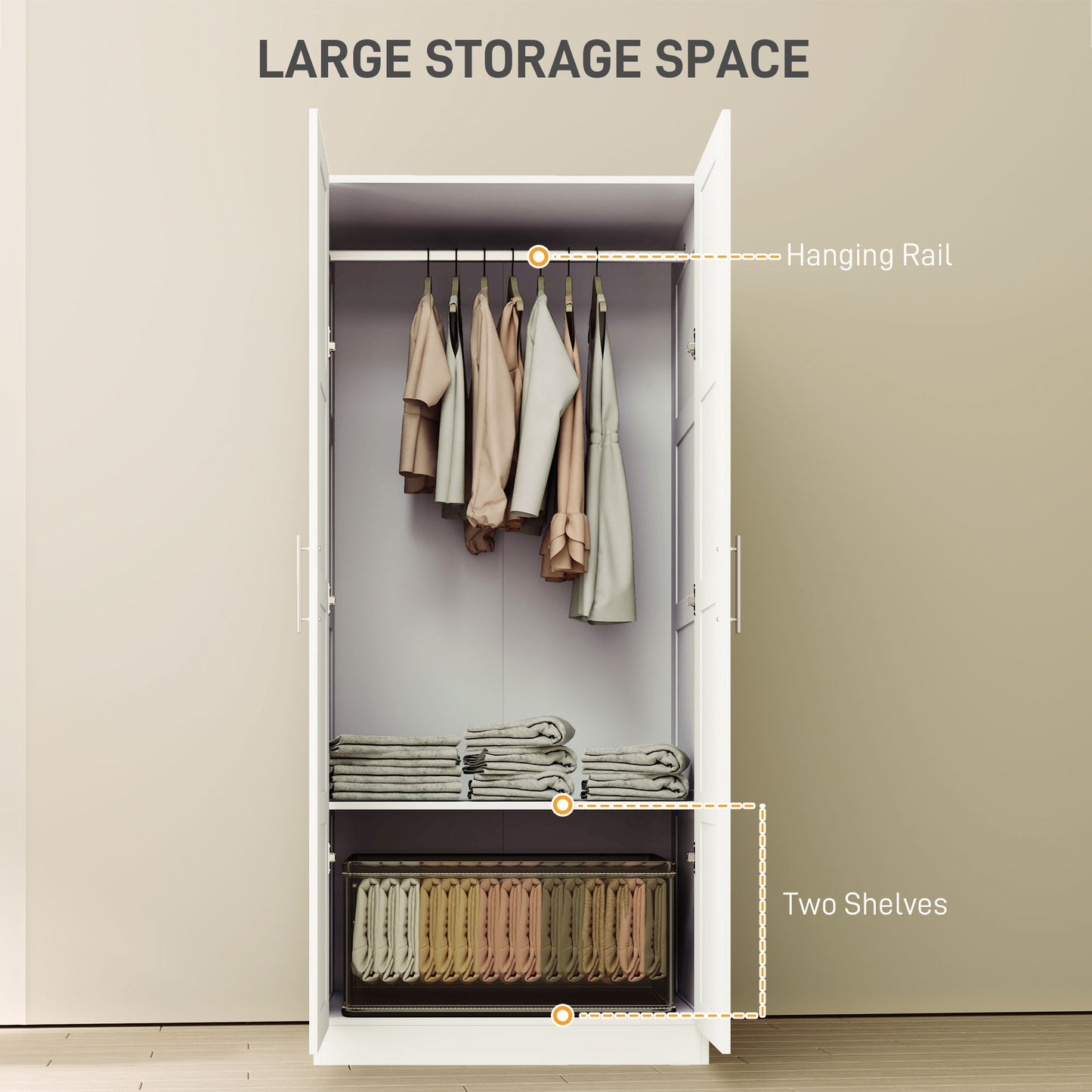 HOMCOM White Double Paneled Door Wardrobe With Shelves Quiet Smooth Glide Doors Modern Storage Solution