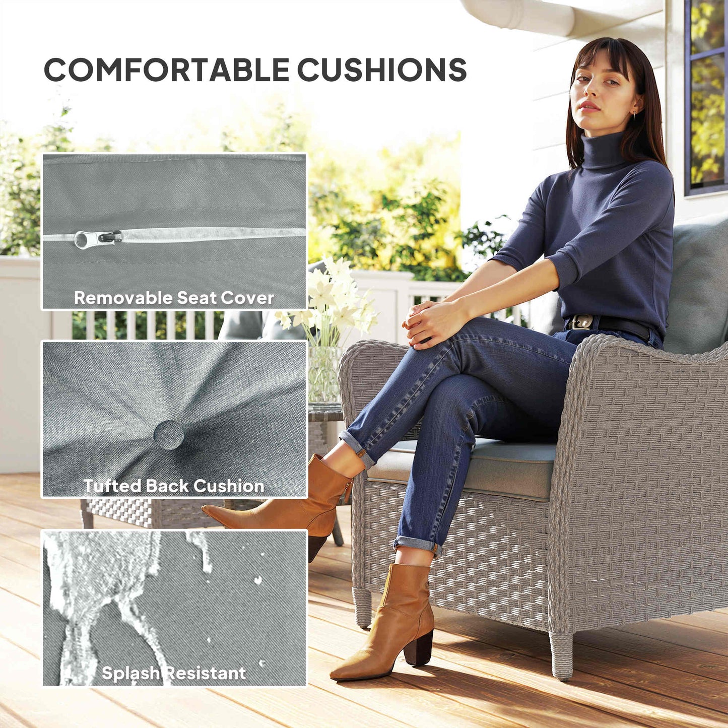 Outsunny Rattan Garden Chairs Set 2 With Cushions High Back Armrests PE Wicker Steel Frame Balcony Porch Light Grey