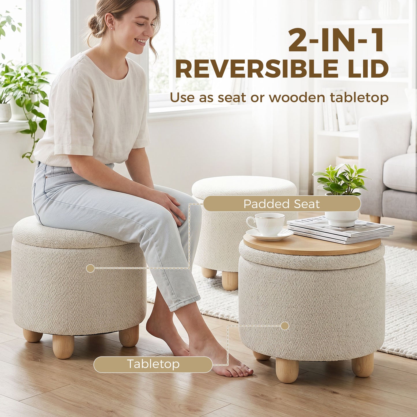 HOMCOM Round Storage Ottoman Bench With Lid Beige Rubberwood Legs For Living Room Organization