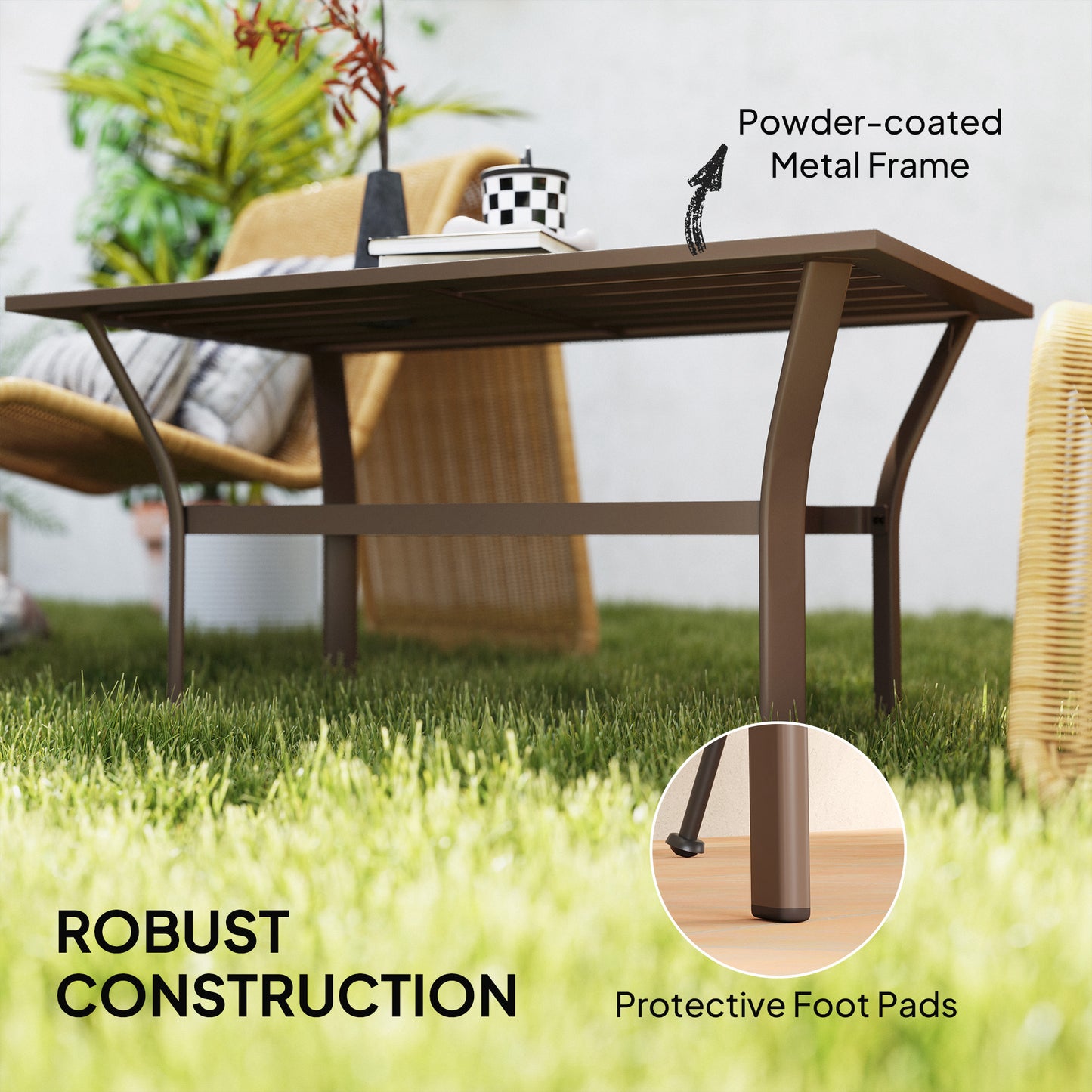 Outsunny Metal Garden Coffee Table 91.5 x 55 x 45 cm Slatted Top Weatherproof Outdoor Side Table Brown