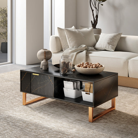 HOMCOM Marble Effect Storage Coffee Table With Drawer And Shelves In Black With Steel Legs