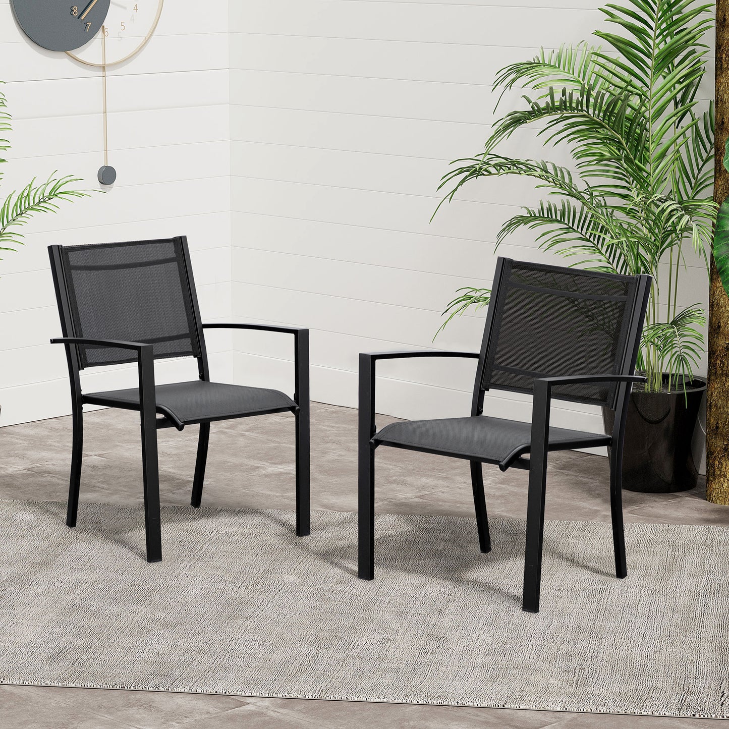 Outsunny Set 2 Outdoor Garden Chairs Steel Frame Texteline Seats Dining Patio Balcony Black - ALL4U RETAILER LTD