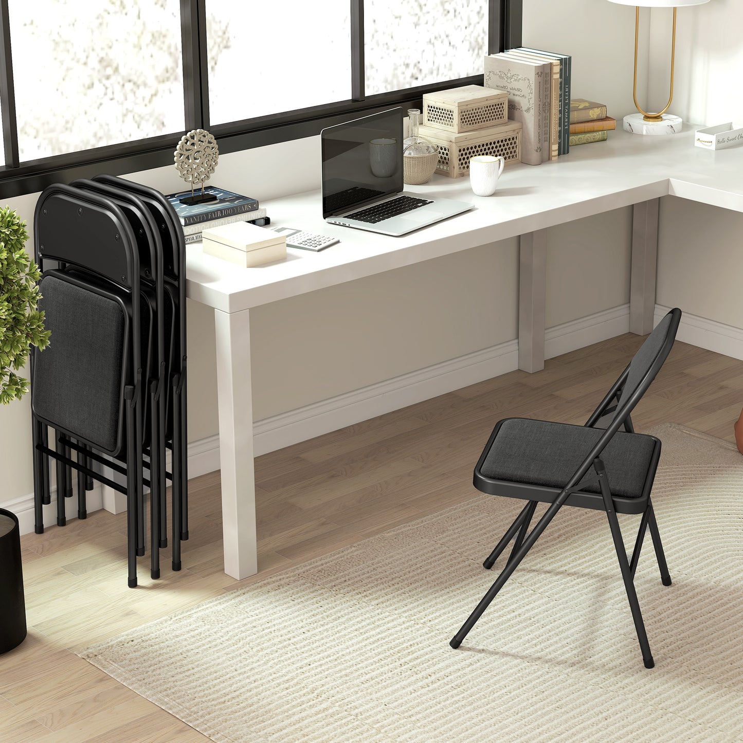 HOMCOM Linen Look Cushioned Folding Chairs Set Of Four Black With Steel Frames Indoor Or Outdoor Use