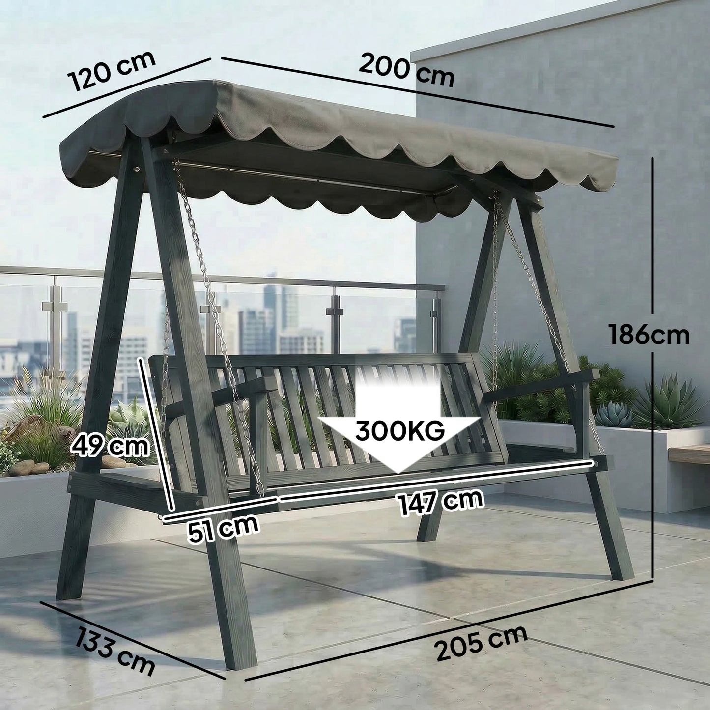 Outsunny 3 Seater Garden Swing Chair with Canopy Outdoor Wooden Swing Seat for Balcony Patio Porch Grey