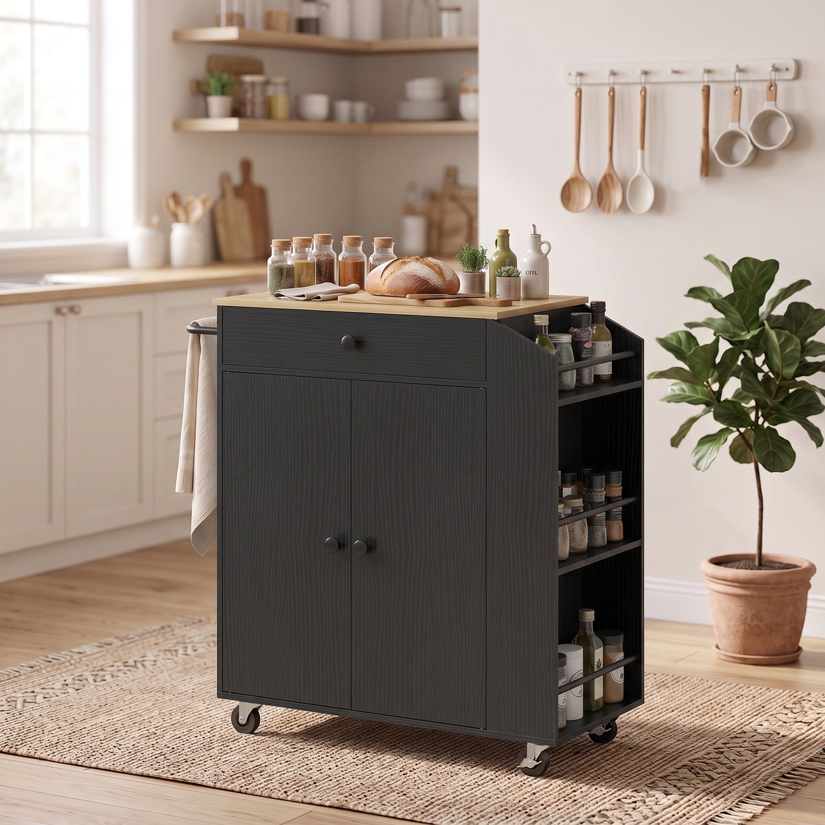 Rolling kitchen island cart with cabinet doors and side spice rack shelves, dark finish