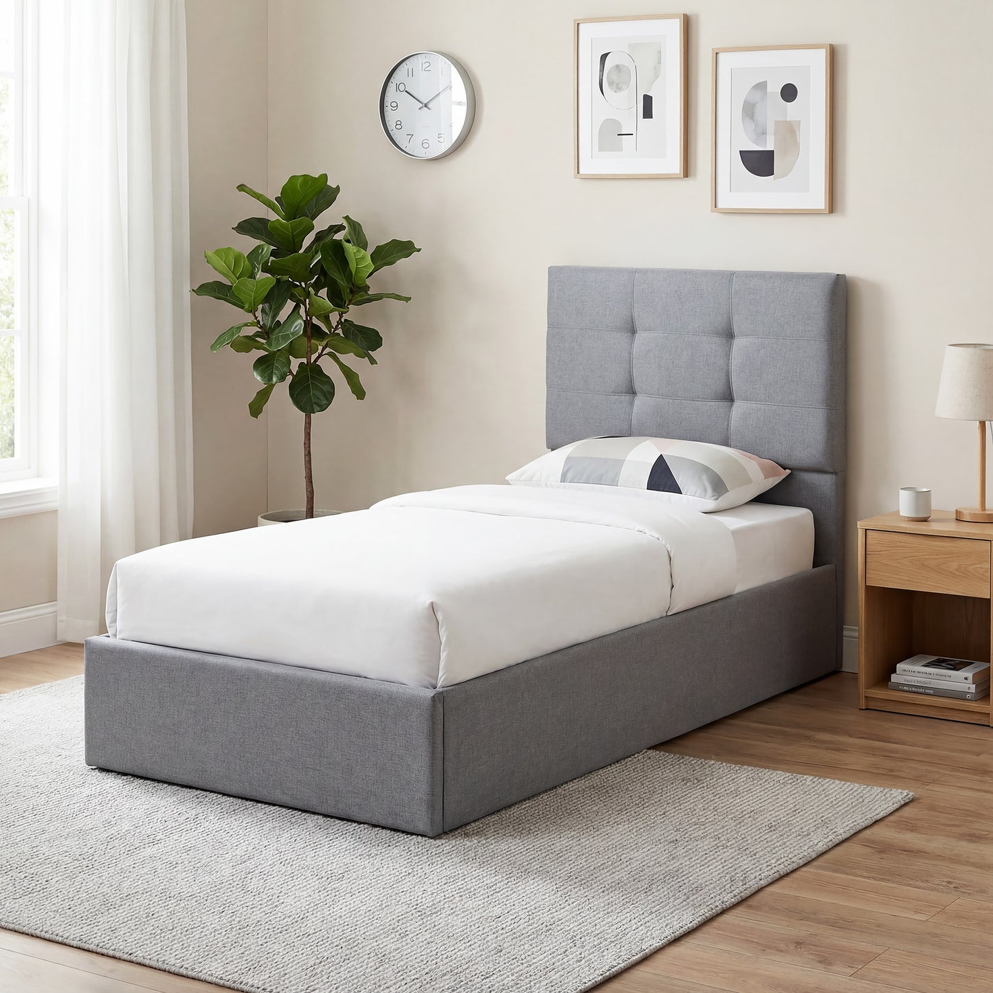 HOMCOM 3Ft Single Ottoman Bed With Gas Lift Storage Grey Upholstered Bed Frame For Small Rooms
