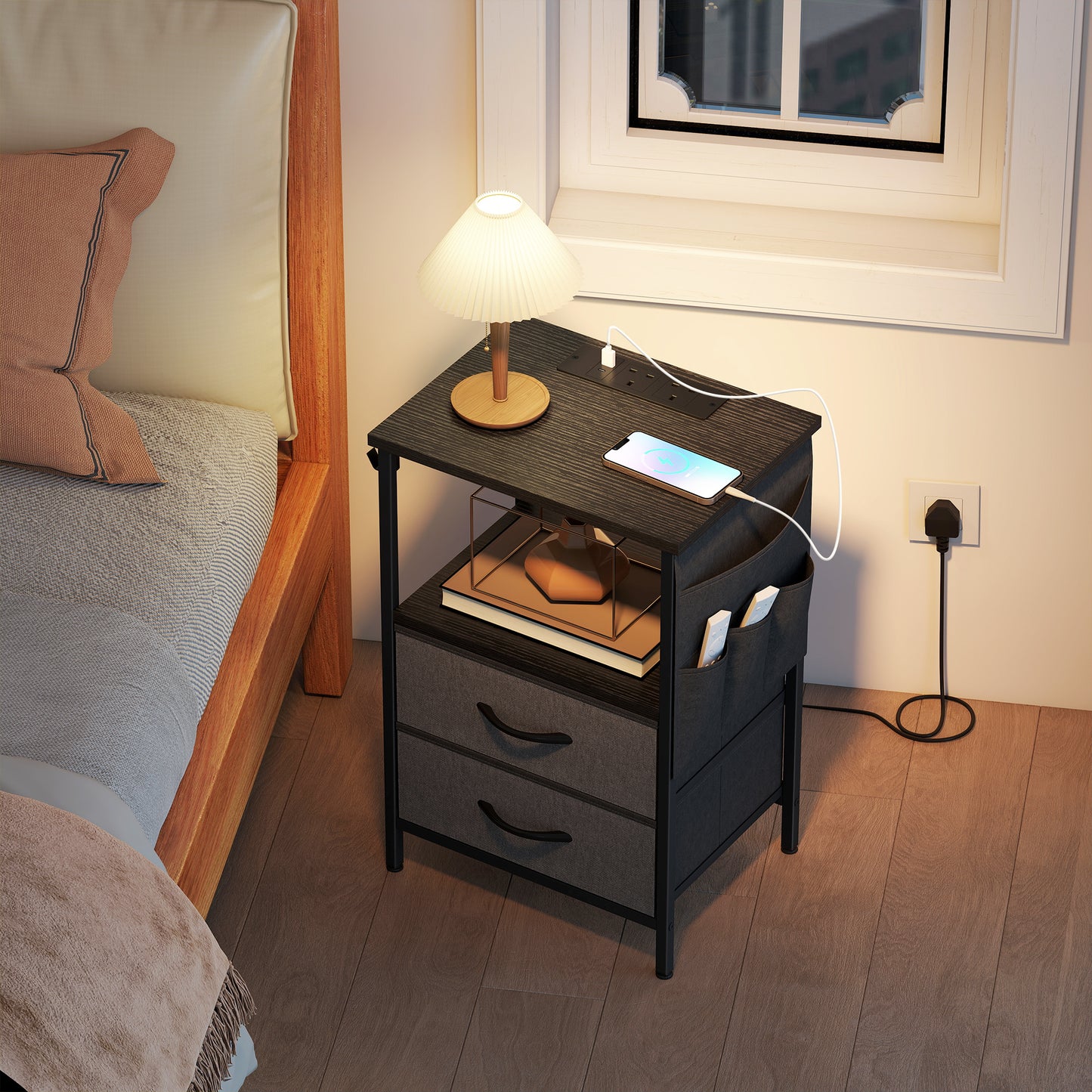 HOMCOM Bedside Table With Charging Station And USB Ports Black Nightstand With Storage