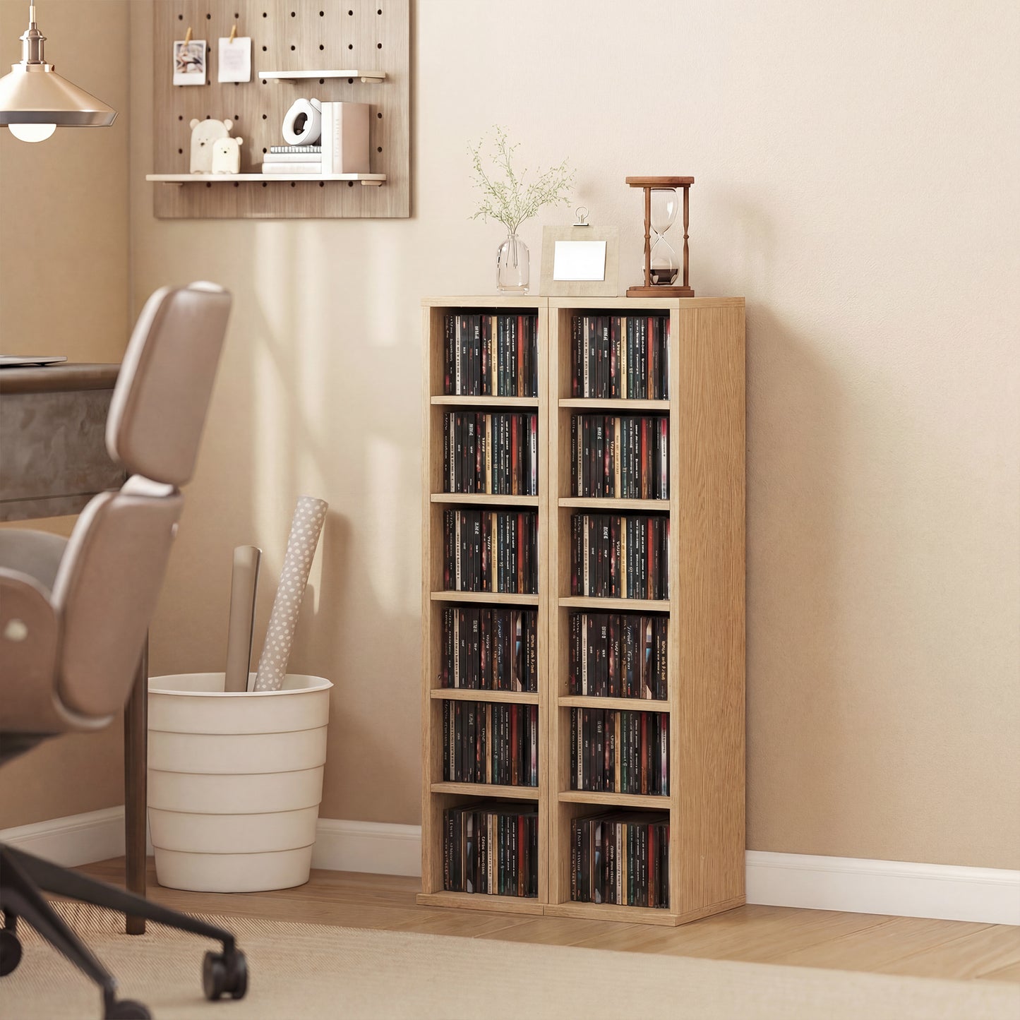 HOMCOM Set Of 2 CD Media Display Shelf Units Tower Rack With Adjustable Shelves Holds Up To 102 CDs Natural Finish