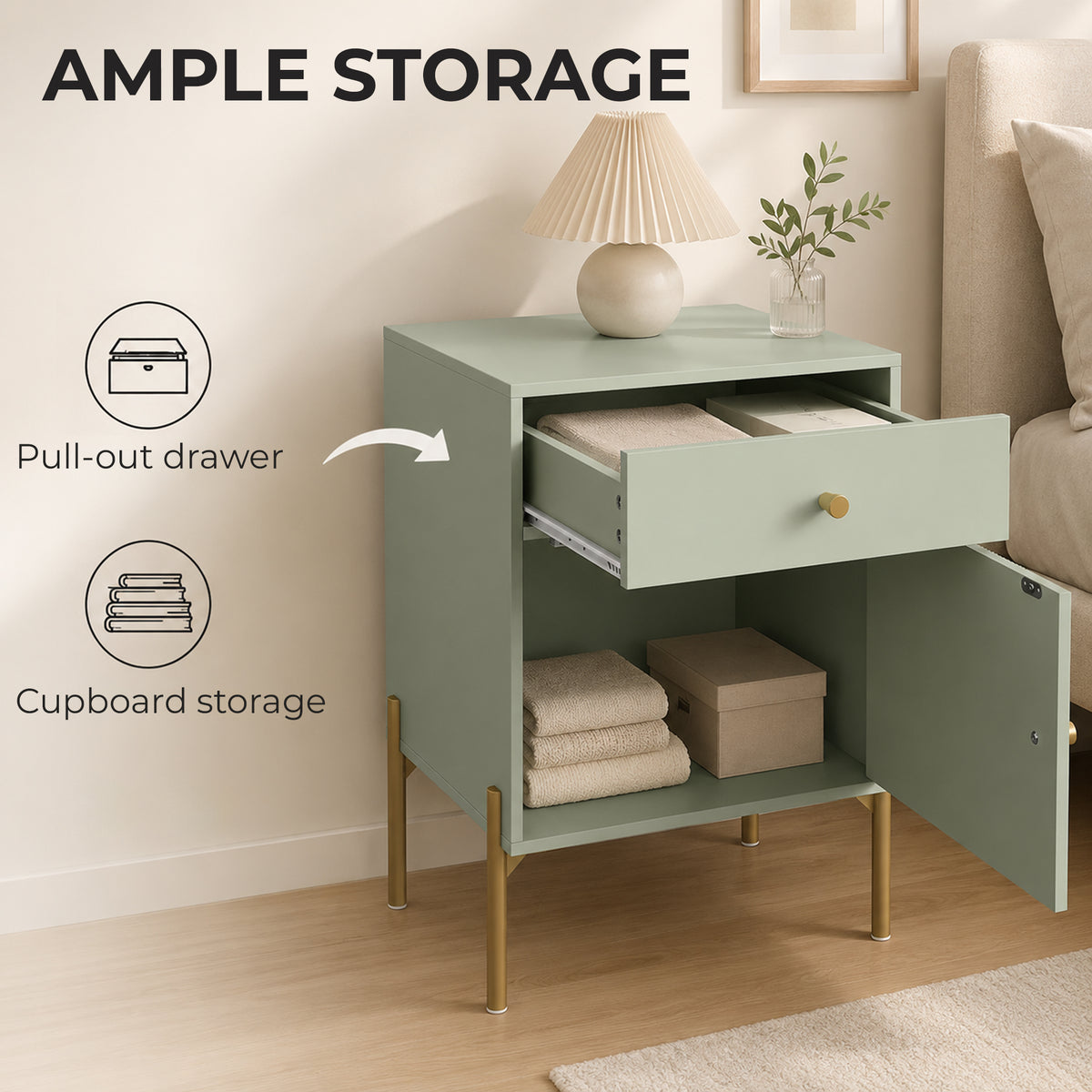 HOMCOM Modern Side Table Set of 2 with Drawer Cabinet Metal Legs Light Green