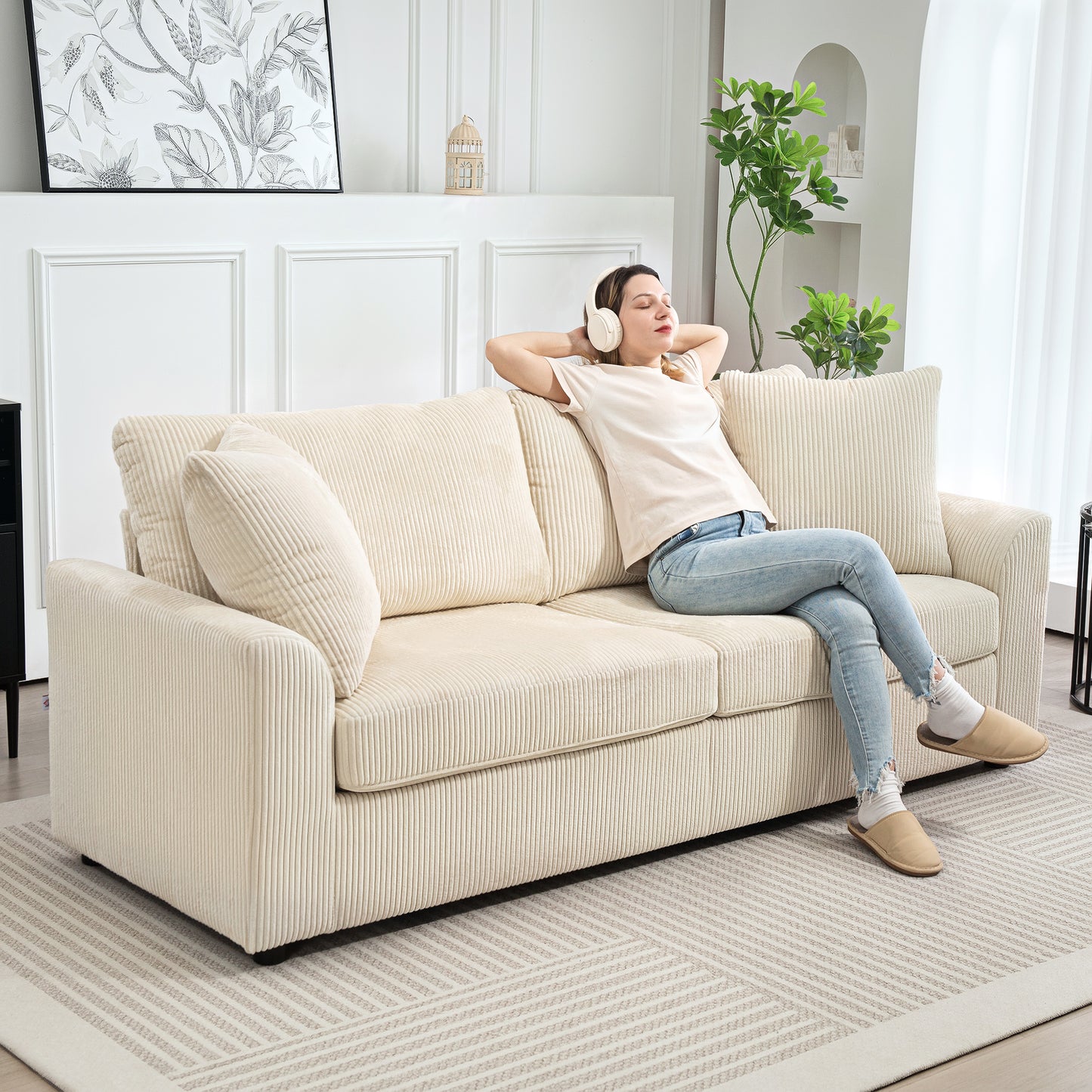 HOMCOM Modern 3 Seater Sofa With Spring Cushion 212 cm Corduroy Fabric Sofa With 2 Scatter Cushions Cream White