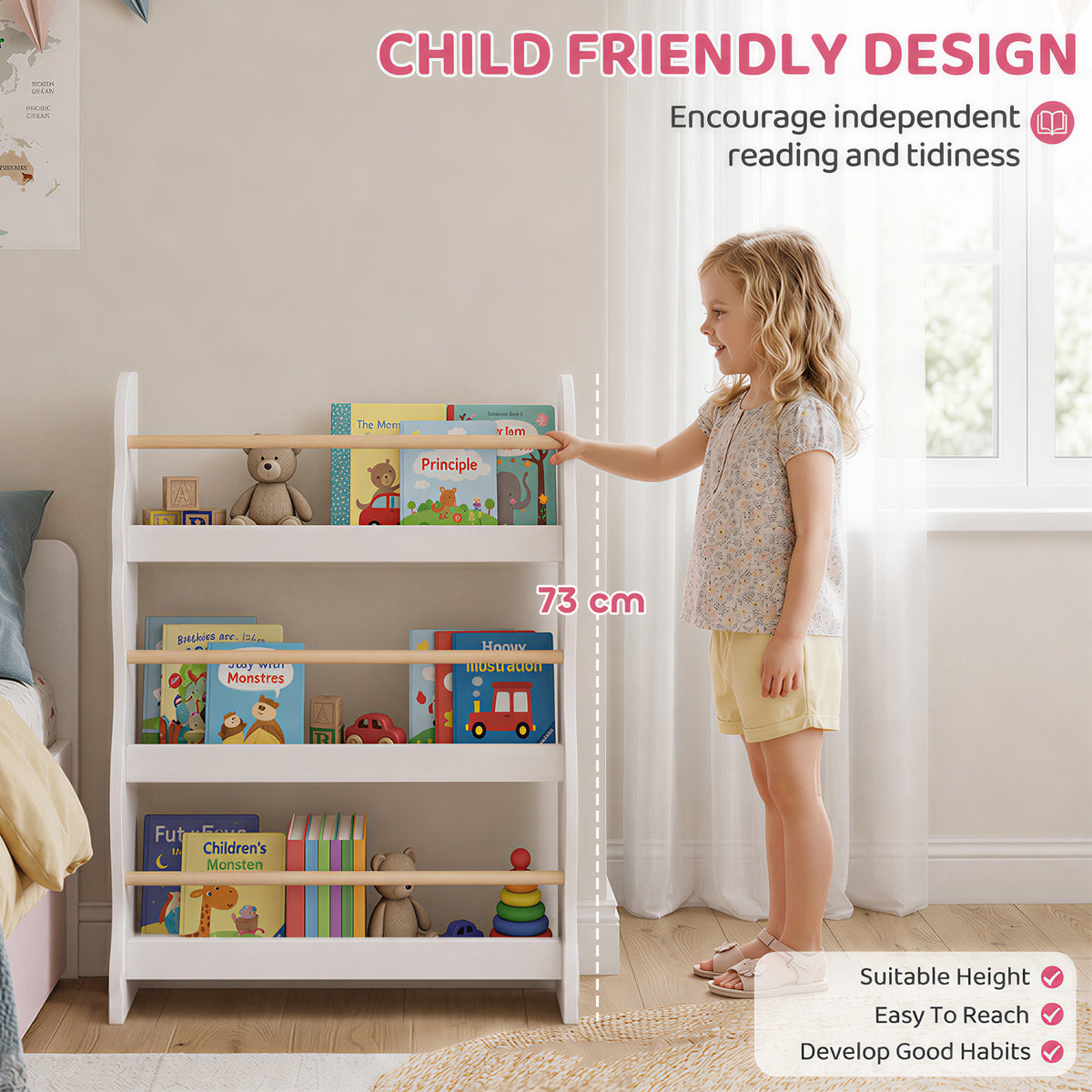 White kids bookcase with three open shelves and low front for easy access