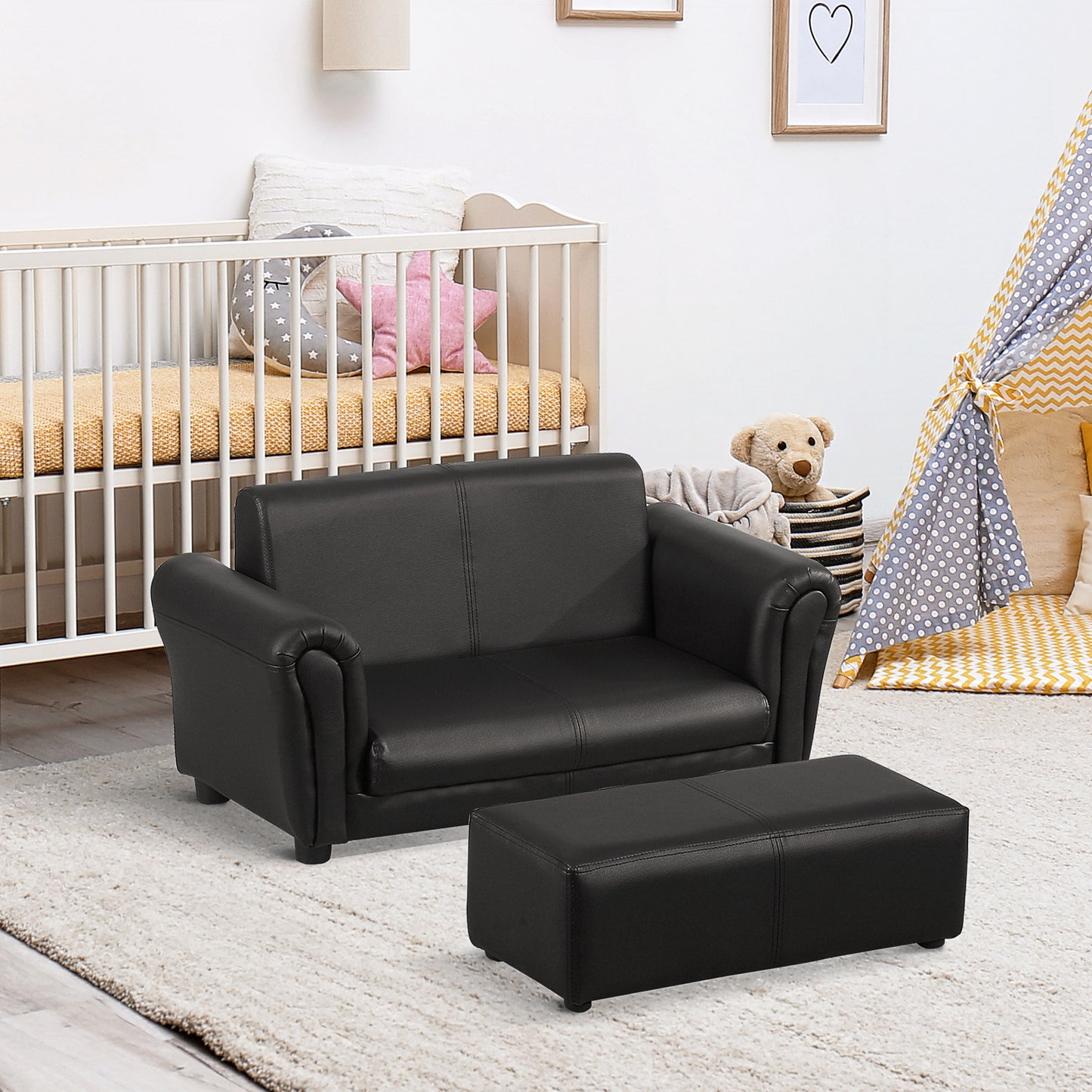 HOMCOM 2 Seater Toddler Chair Kids Twin Sofa Childrens Double Seat Chair Furniture Armchair Boys Girls Couch Footstool Black - ALL4U RETAILER LTD