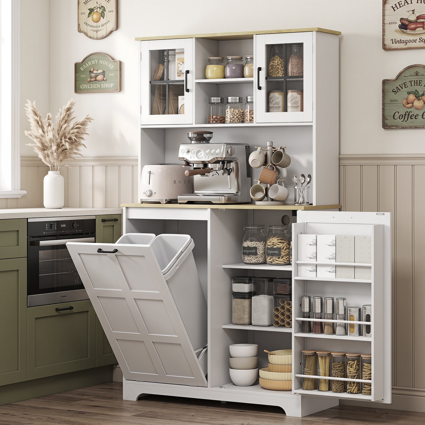 HOMCOM 175cm Tall Kitchen Cabinet With Rubbish Bin Cabinet 3 Door Shelves And 2 Acrylic Doors White