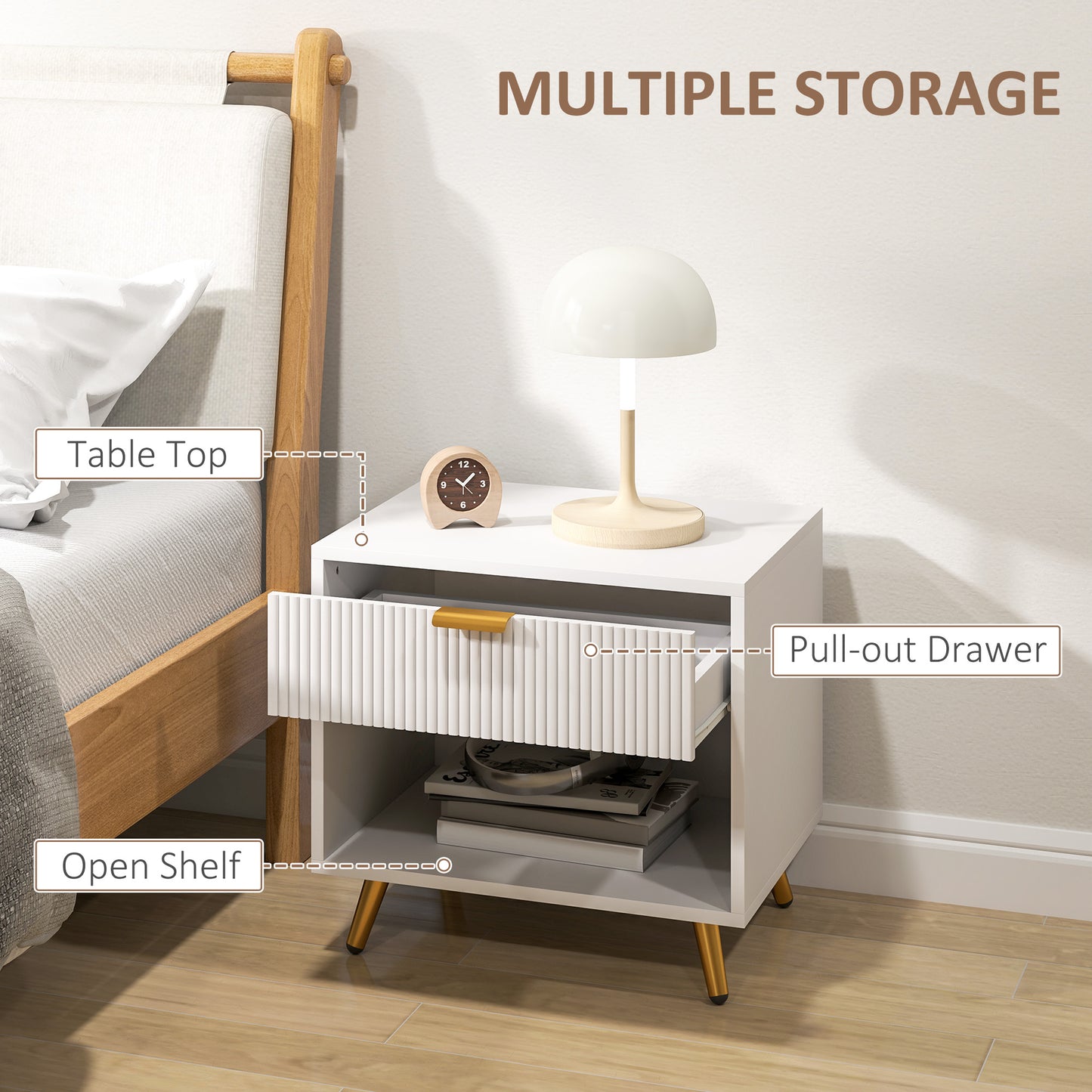 HOMCOM Bedside Tables Set of 2 White With Drawer and Open Compartment Nightstands for Bedroom and Living Room