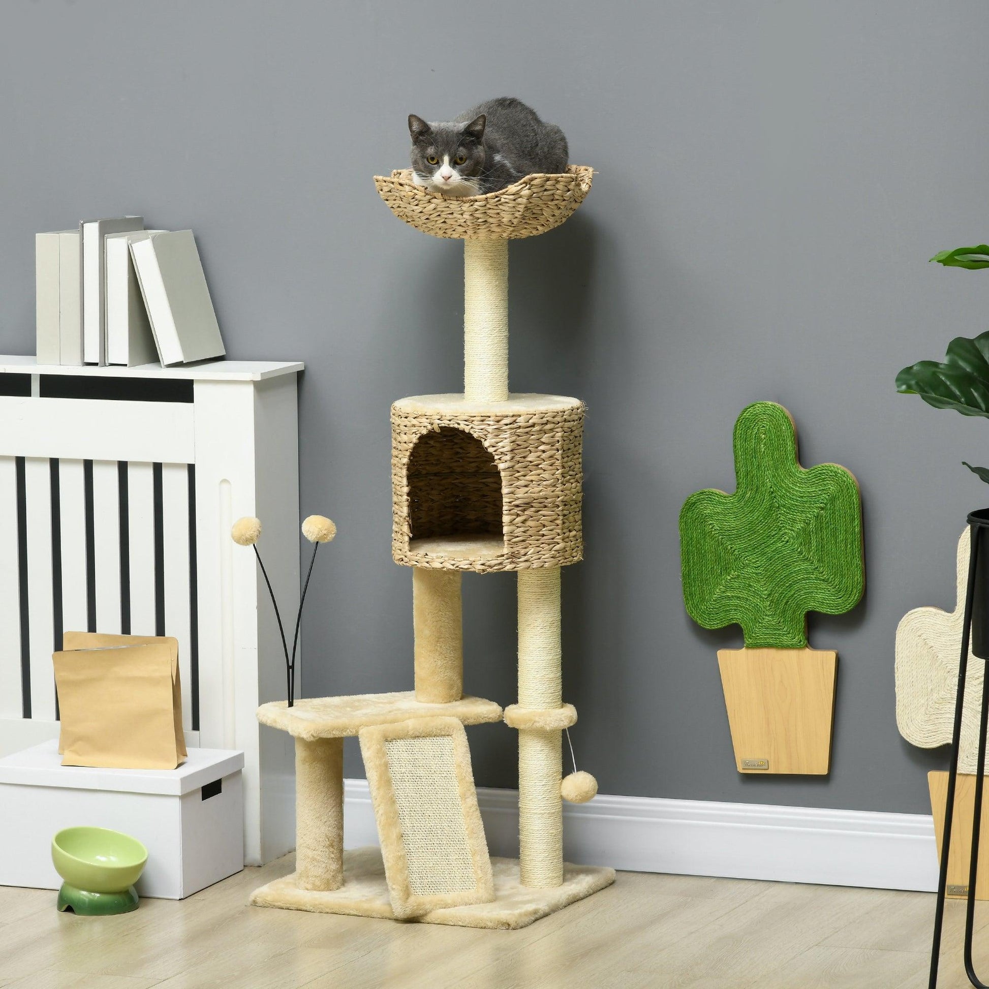 PawHut Cat Tree Tower with Scratching Post and Toy Ball - Beige - ALL4U RETAILER LTD