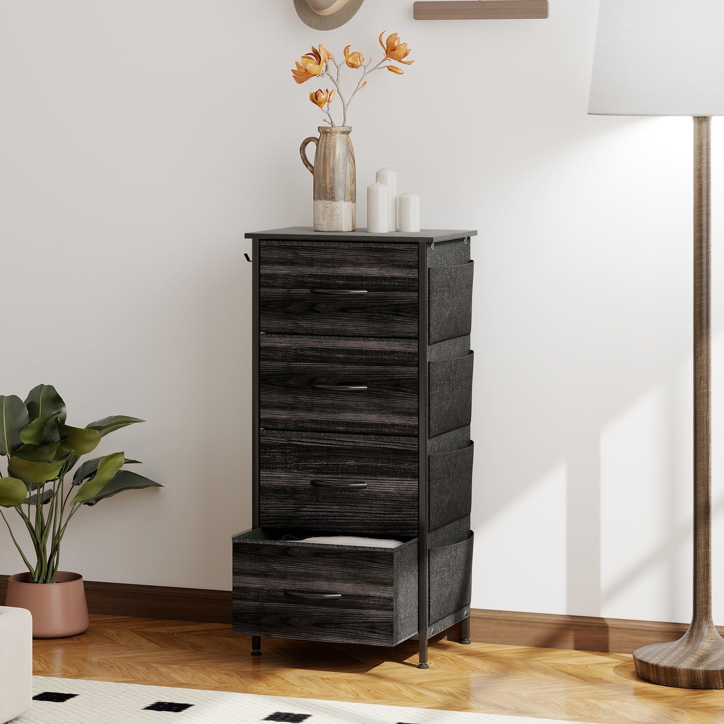 HOMCOM Four Fabric Drawer Chest With Steel Frame Four Side Pockets And Two Hooks Black