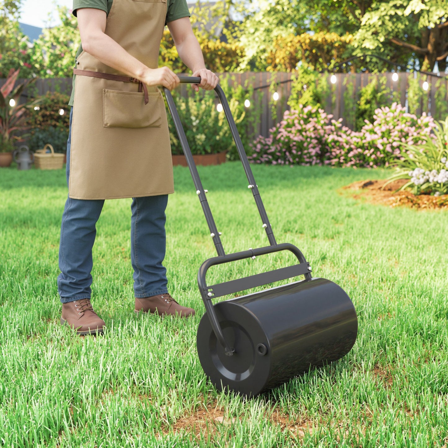 Outsunny 38L Fillable Cylinder Steel Lawn Roller Black for Flattening Lawns and Seedbeds