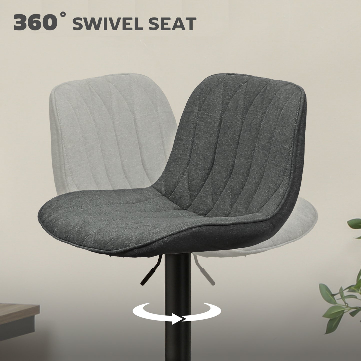HOMCOM Set Of Two Linen Look Bar Stools Charcoal Grey Adjustable Height 60 To 80 Cm 360 Degree Swivel Padded Seats