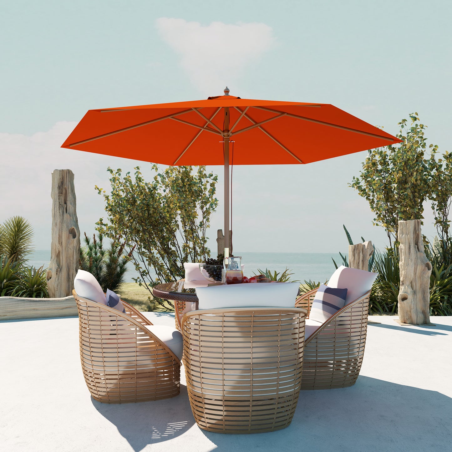 Outsunny 2.5m Wood Garden Parasol Sun Shade Patio Umbrella With Vent And Rope Pulley Mechanism 38mm Pole Orange