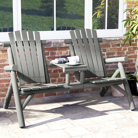 Outsunny Wood Patio Bench For Two With Center Coffee Table Grey Garden Outdoor Seating