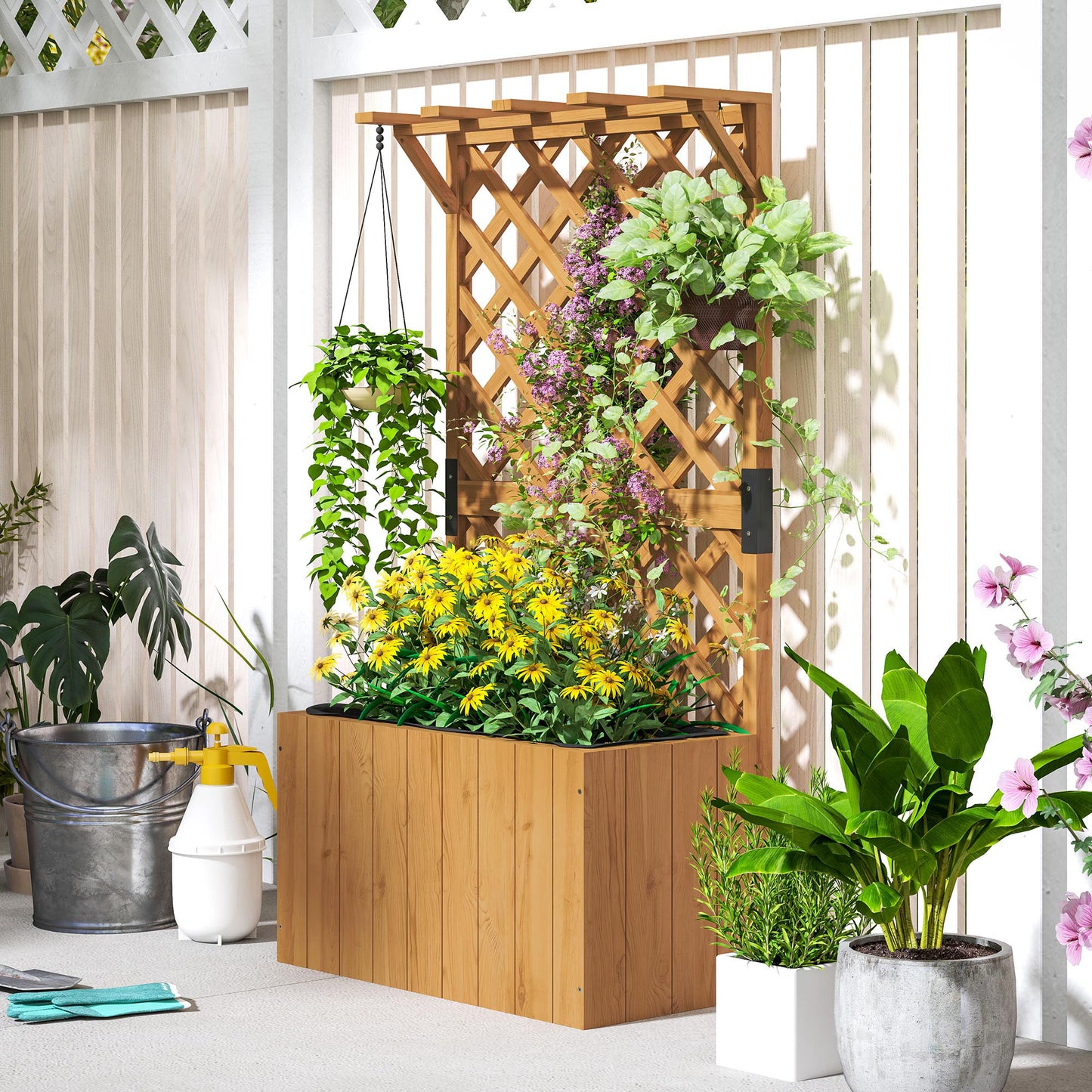 Outsunny Wooden Planter With Trellis Freestanding Raised Garden Bed Drainage Holes Liner Outdoor Natural