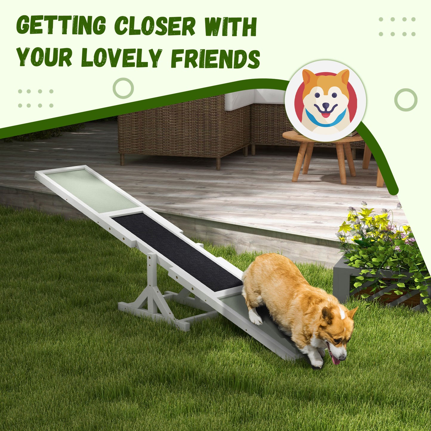 PawHut Agility Seesaw for Large Dogs - Durable Wooden Dog Training Equipment with Non-Slip Surface - White - ALL4U RETAILER LTD