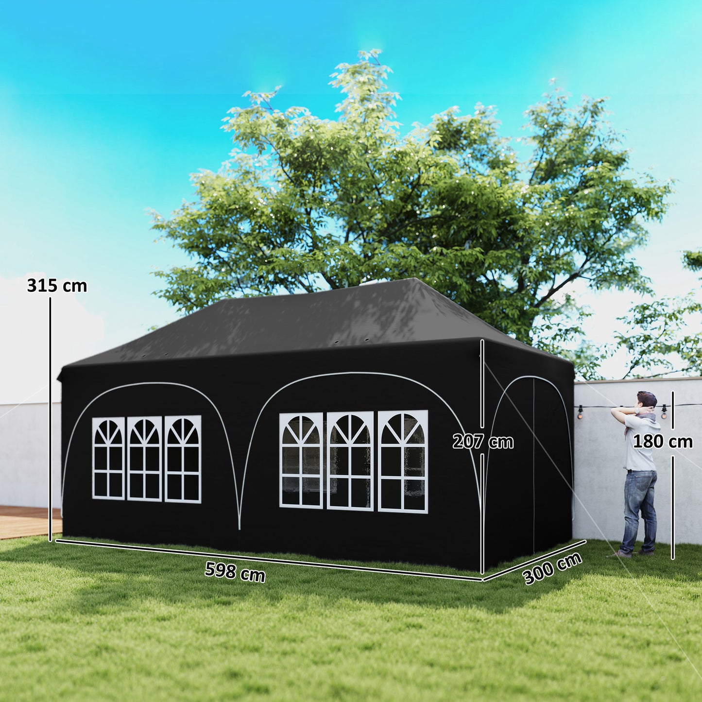 Outsunny 3x6m Pop Up Gazebo With Sides Peak Top Garden Party Tent Marquee Includes 6 Sandbags Carry Bag Black