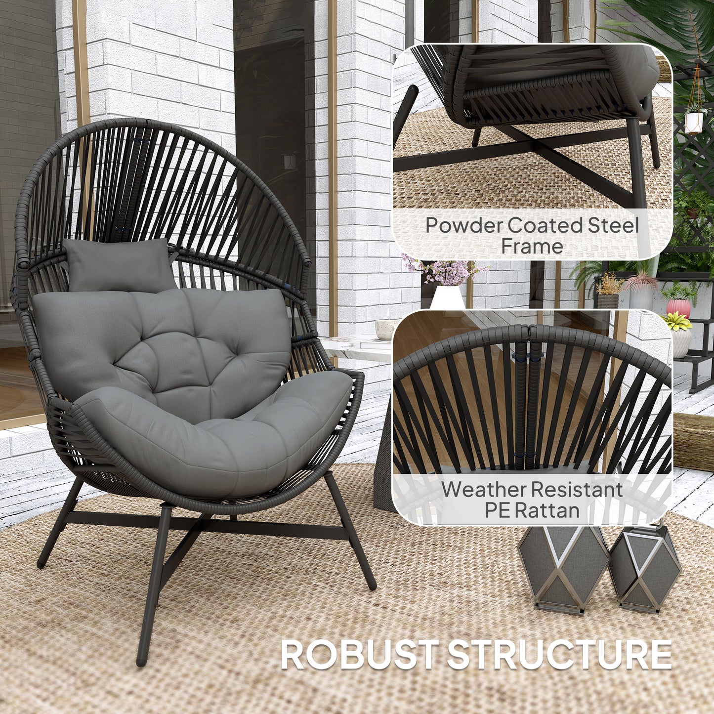 Outsunny Rattan Egg Chair Oversized Freestanding Garden Chair with Thick Tufted Cushion and Headrest Charcoal Grey