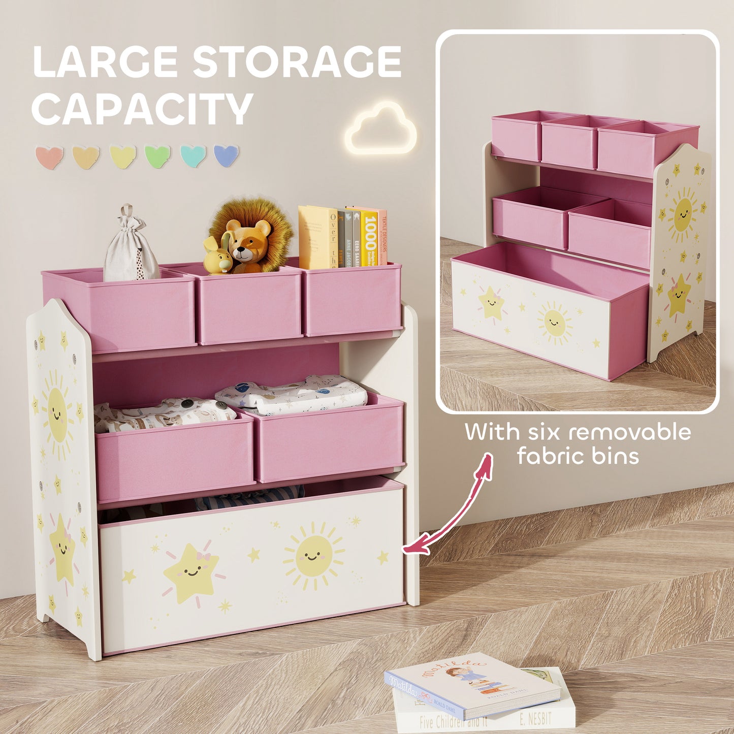 AIYAPLAY Kids Toy Storage Units 3 Tier Organiser Shelf With 6 Removable Boxes For Kids Bedroom Playroom Pink