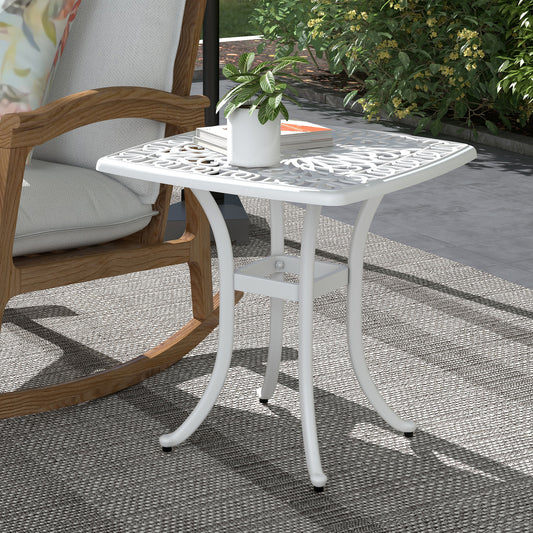 Outsunny Cast Aluminium Bistro Table With Floral Cutout Top And Umbrella Hole Outdoor Square Garden Side Table White