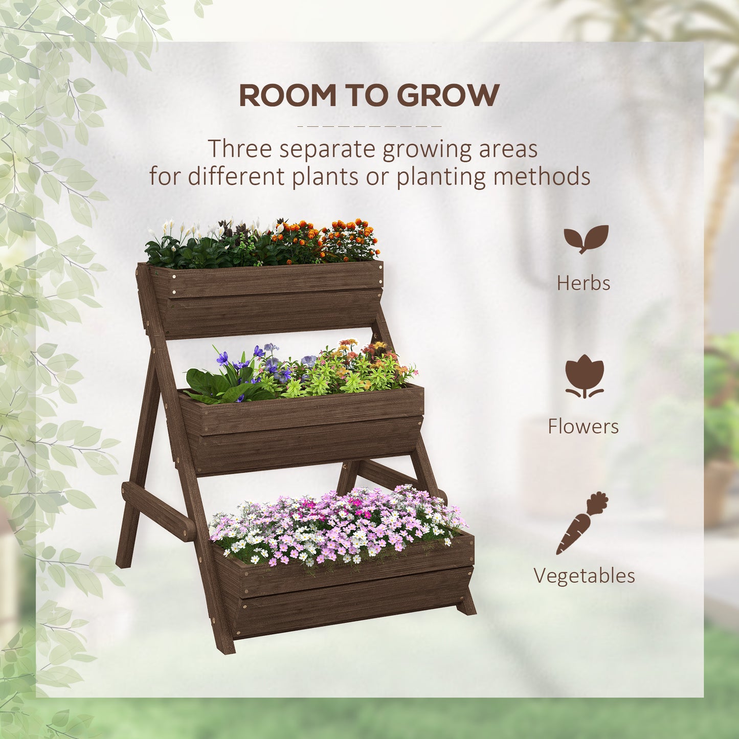 Outsunny 3 Tier Raised Garden Bed Wooden Elevated Planter Box Kit 66L for Flowers Vegetables Herbs Tan 65x75x78cm