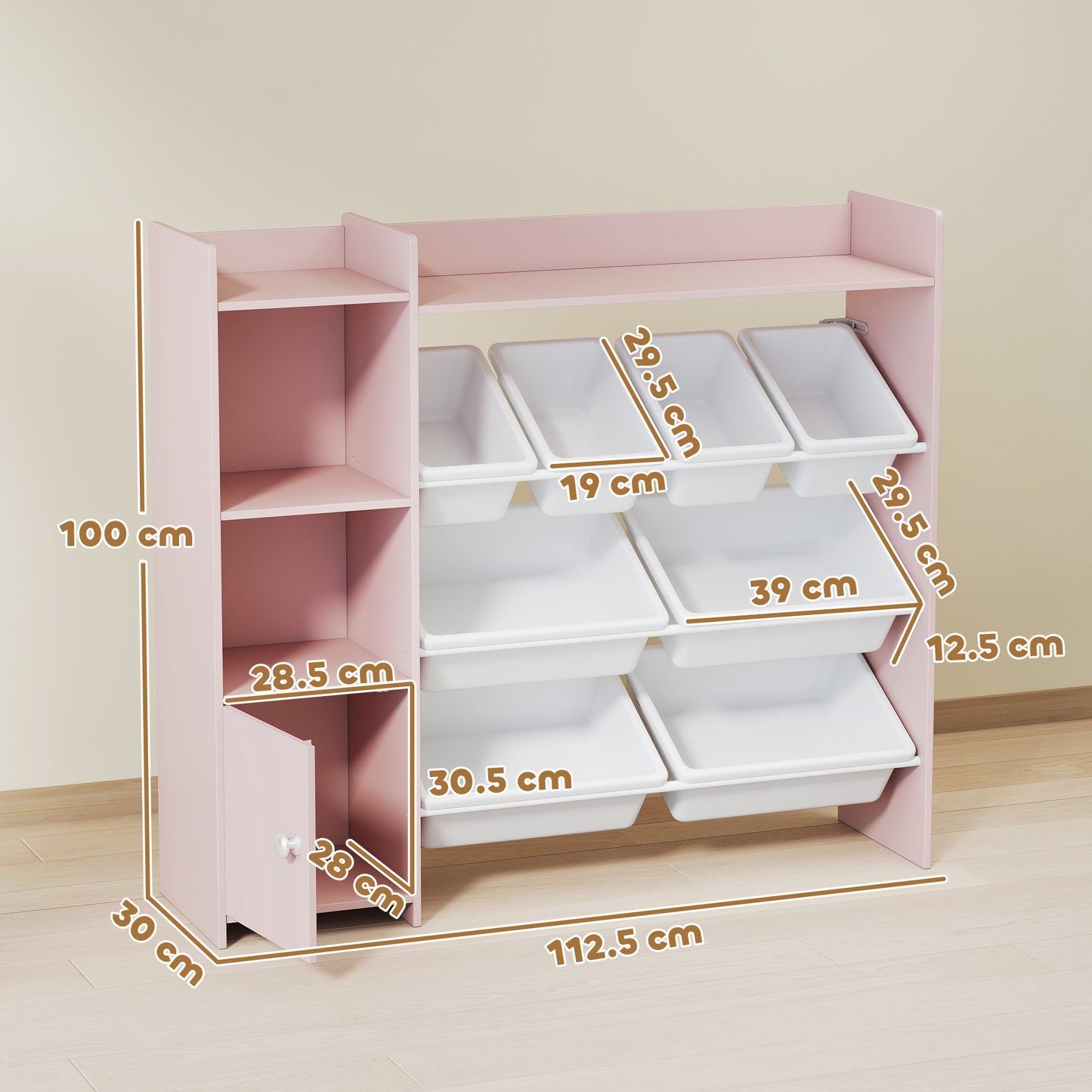AIYAPLAY Pink Toy Storage Unit With 8 Removable Bins Shelves And Cabinet For Kids