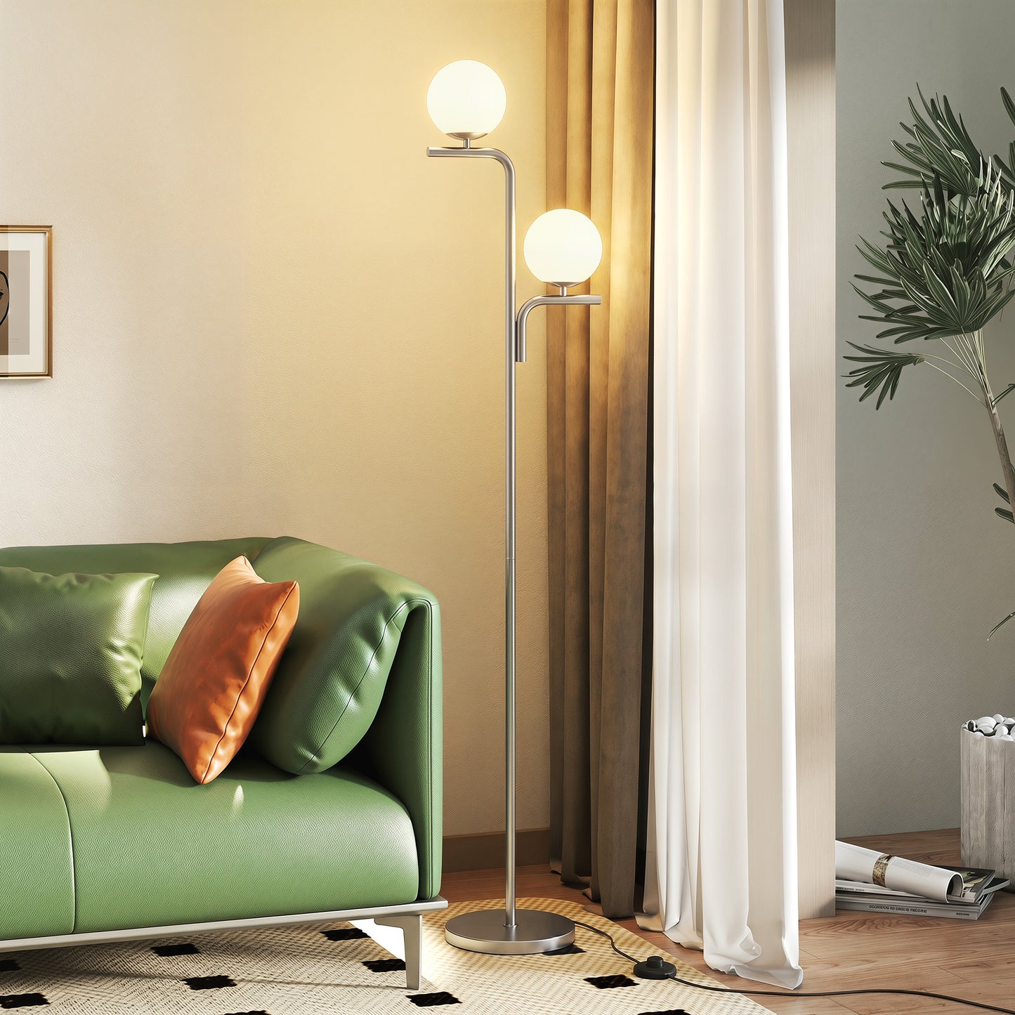 HOMCOM LED Floor Lamp Modern Standing Lamp With Three Color Temperatures Globe Glass Shades Foot Switch Silver Tone