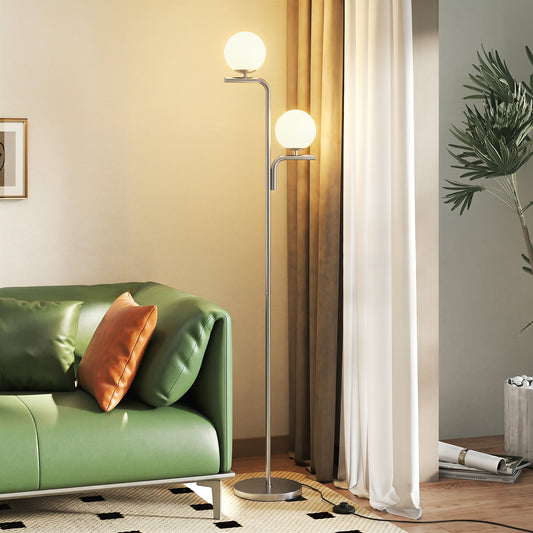 HOMCOM LED Floor Lamp Modern Standing Lamp With Three Color Temperatures Globe Glass Shades Foot Switch Silver Tone