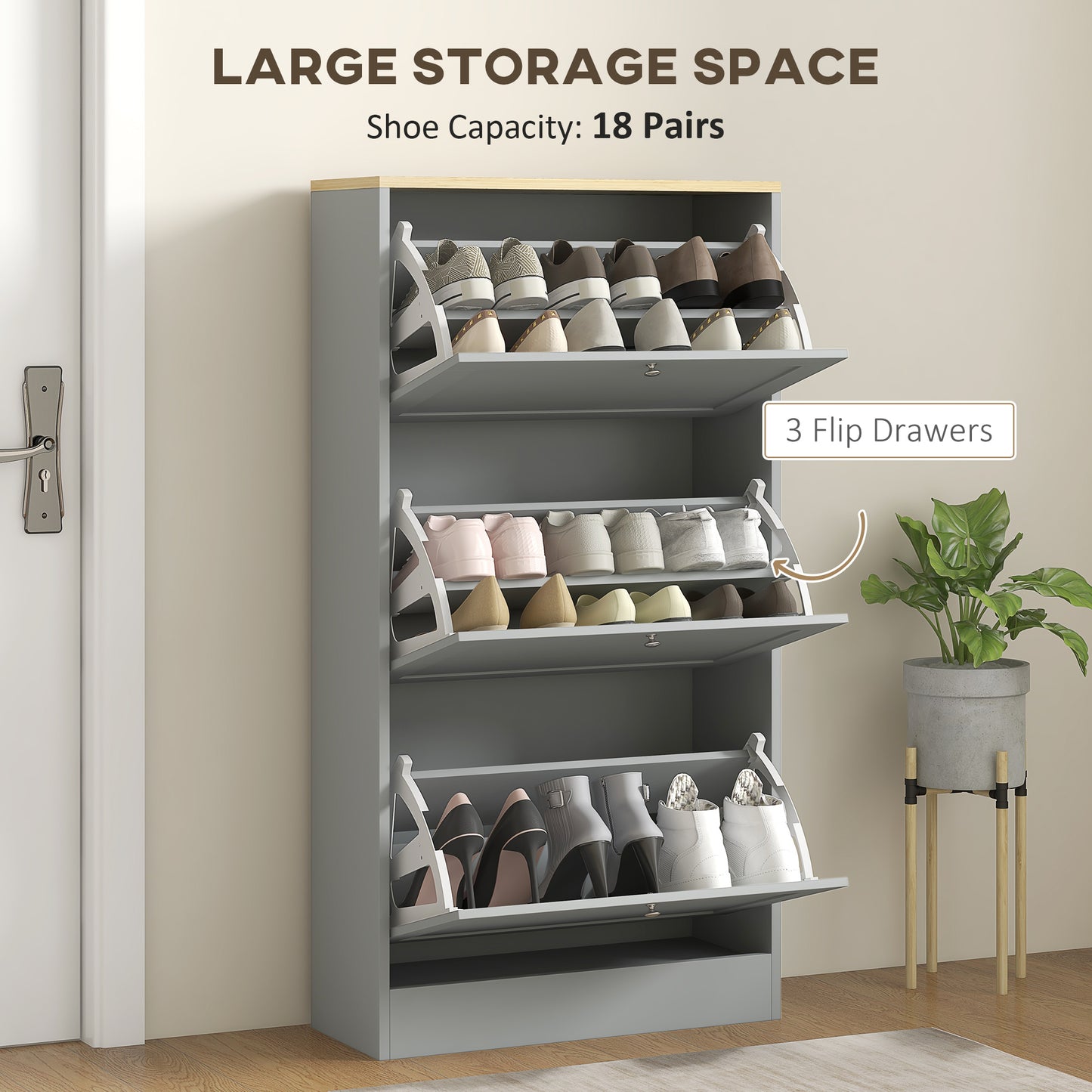 HOMCOM Modern Compact Three Drawer Shoe Storage Cabinet in Grey with Adjustable Shelves Holds 12 to 18 Pairs