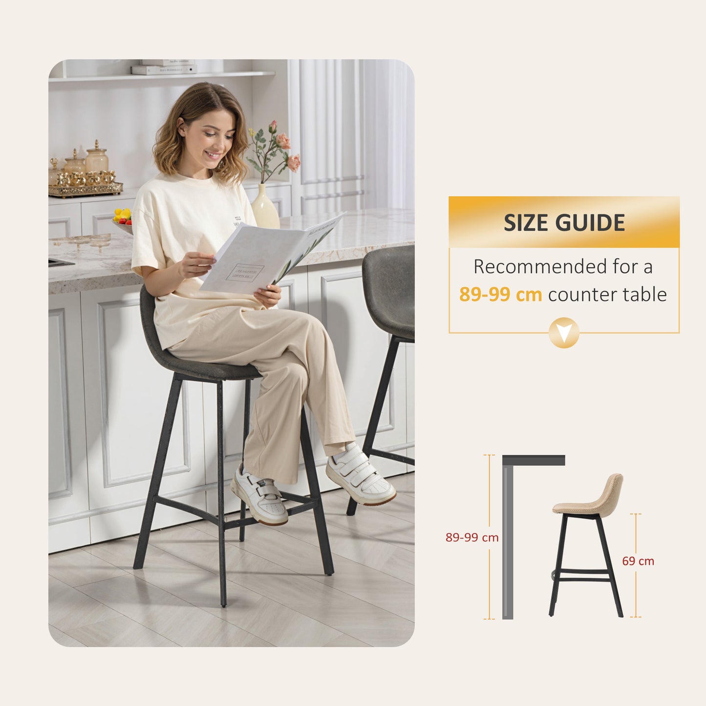 HOMCOM Bar Stools Set Of 2 PU Leather Dining Stools With Backrest And Footrest For Kitchen Counter Breakfast Bar Grey