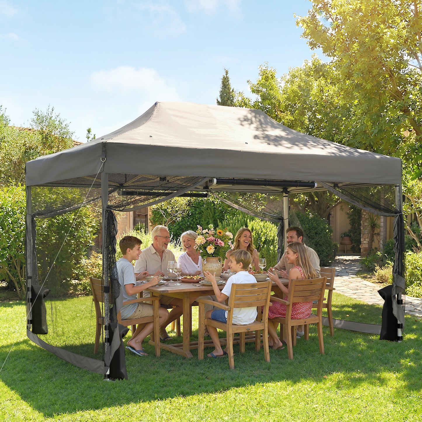 Outsunny 3 By 4.5 Meters Pop Up Gazebo With Mesh Netting UPF50 Plus Heavy Duty Outdoor Garden Tent Marquee Dark Grey