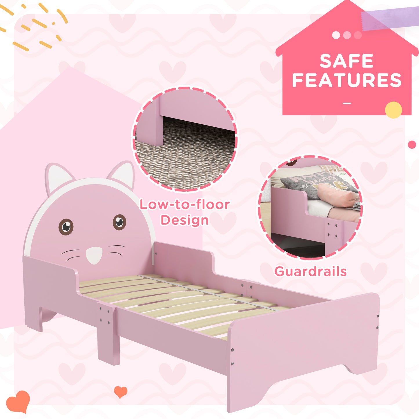 ZONEKIZ Kids Cat-Themed Toddler Bed Frame with Guardrails - Pink, 3-6 Years - ALL4U RETAILER LTD