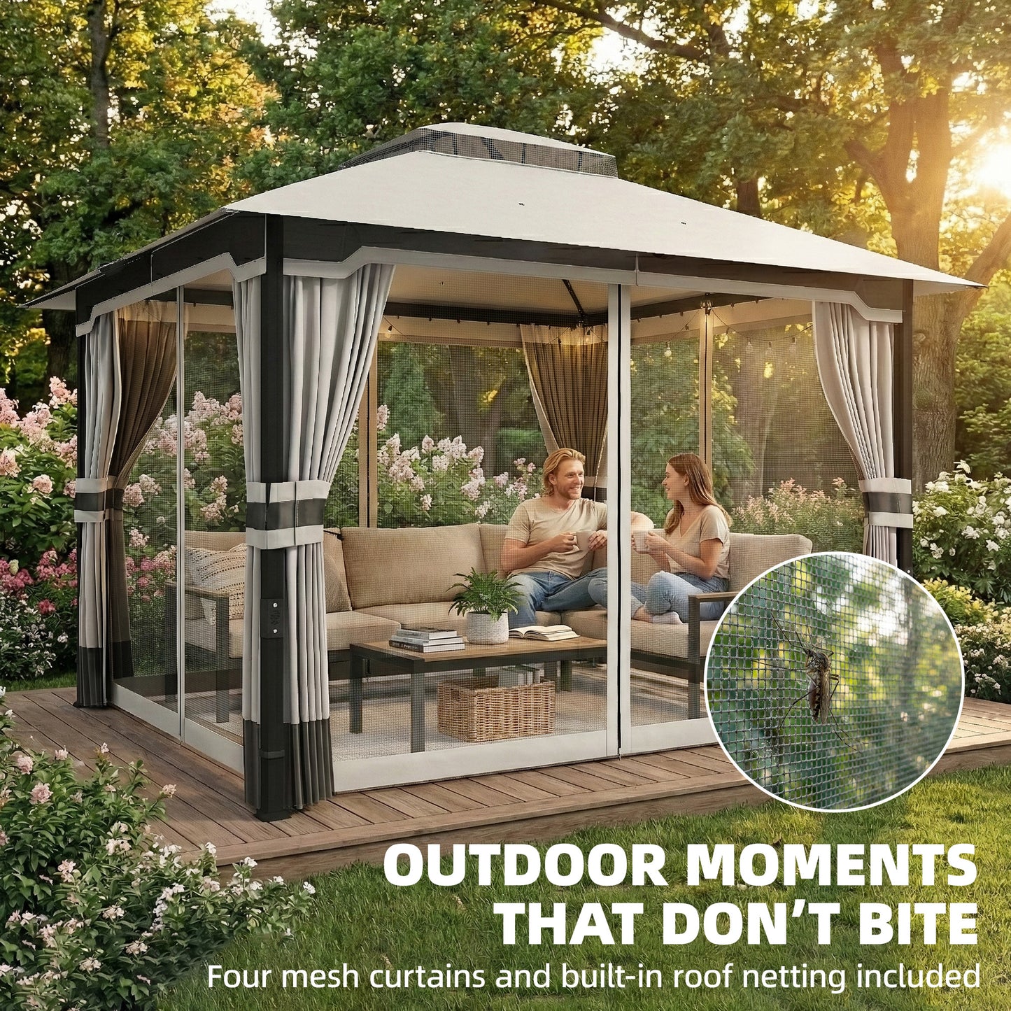 Outsunny 3 x 3.6 m Outdoor Garden Gazebo With Netting And Curtains Double Roof Patio Gazebo Light Grey