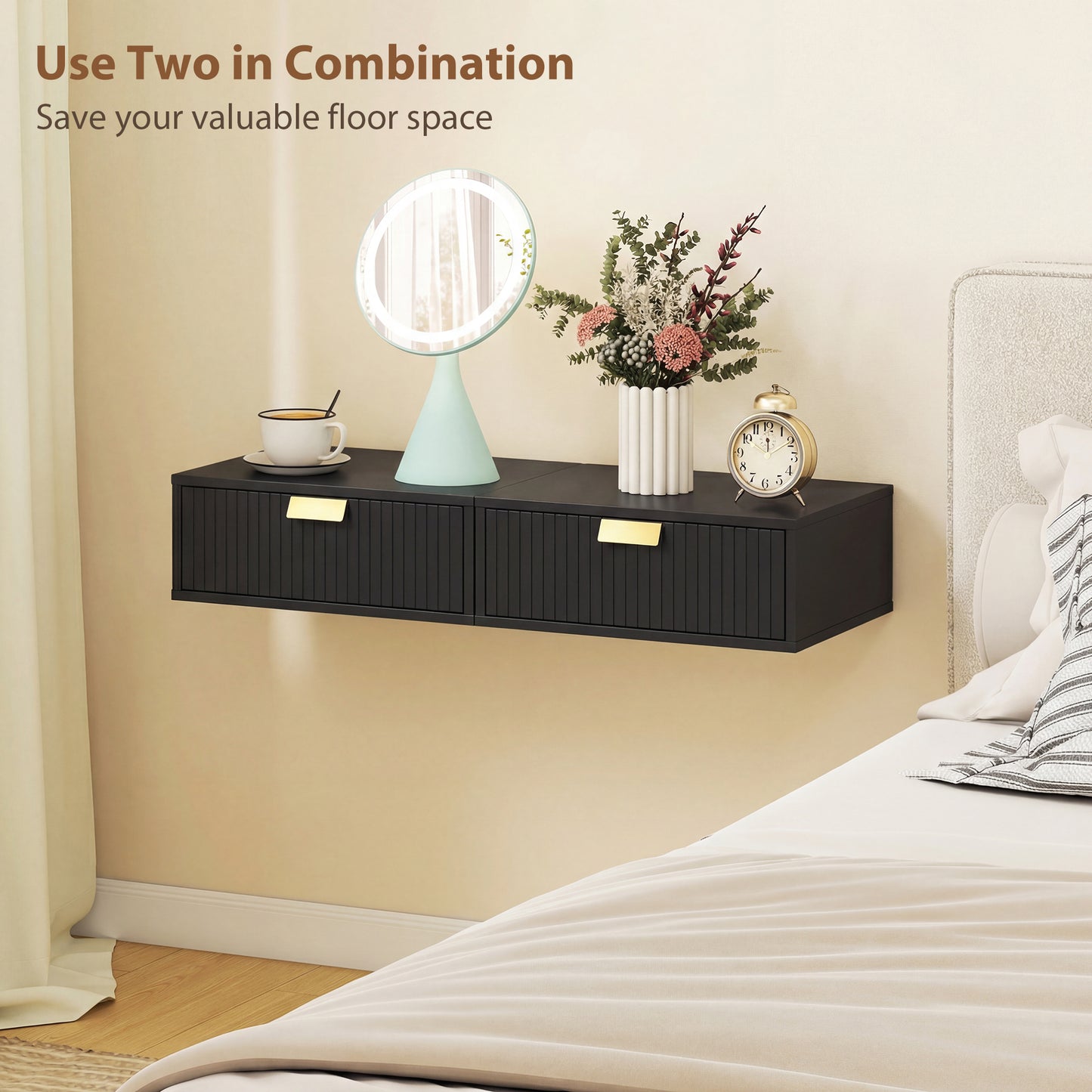 HOMCOM Modern Floating Nightstands Set Of 2 Wall Mounted Bedside Tables With Wave Drawer Black