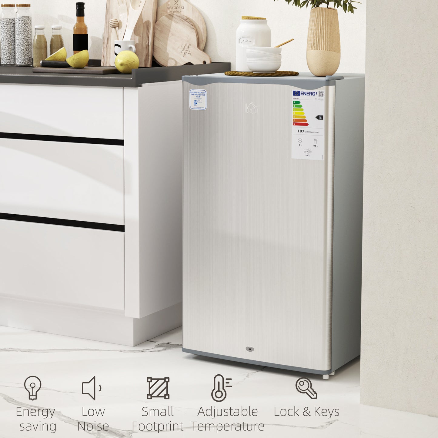 HOMCOM 91L Freestanding Under Counter Fridge With Lock Grey Ideal For Small Kitchens Bedrooms And Offices